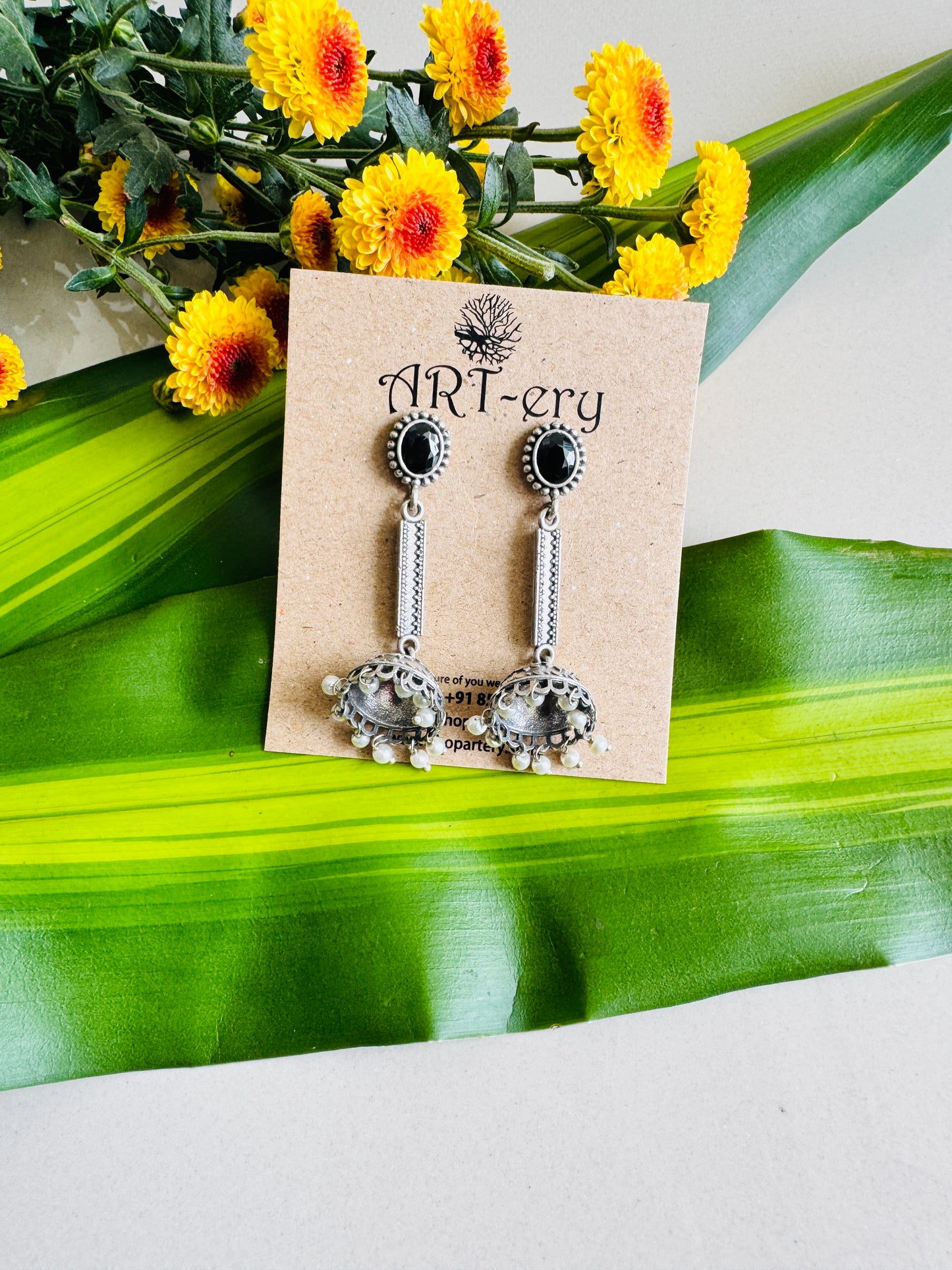 Lightweight oxidised silver jhumka with long stem - black earrings