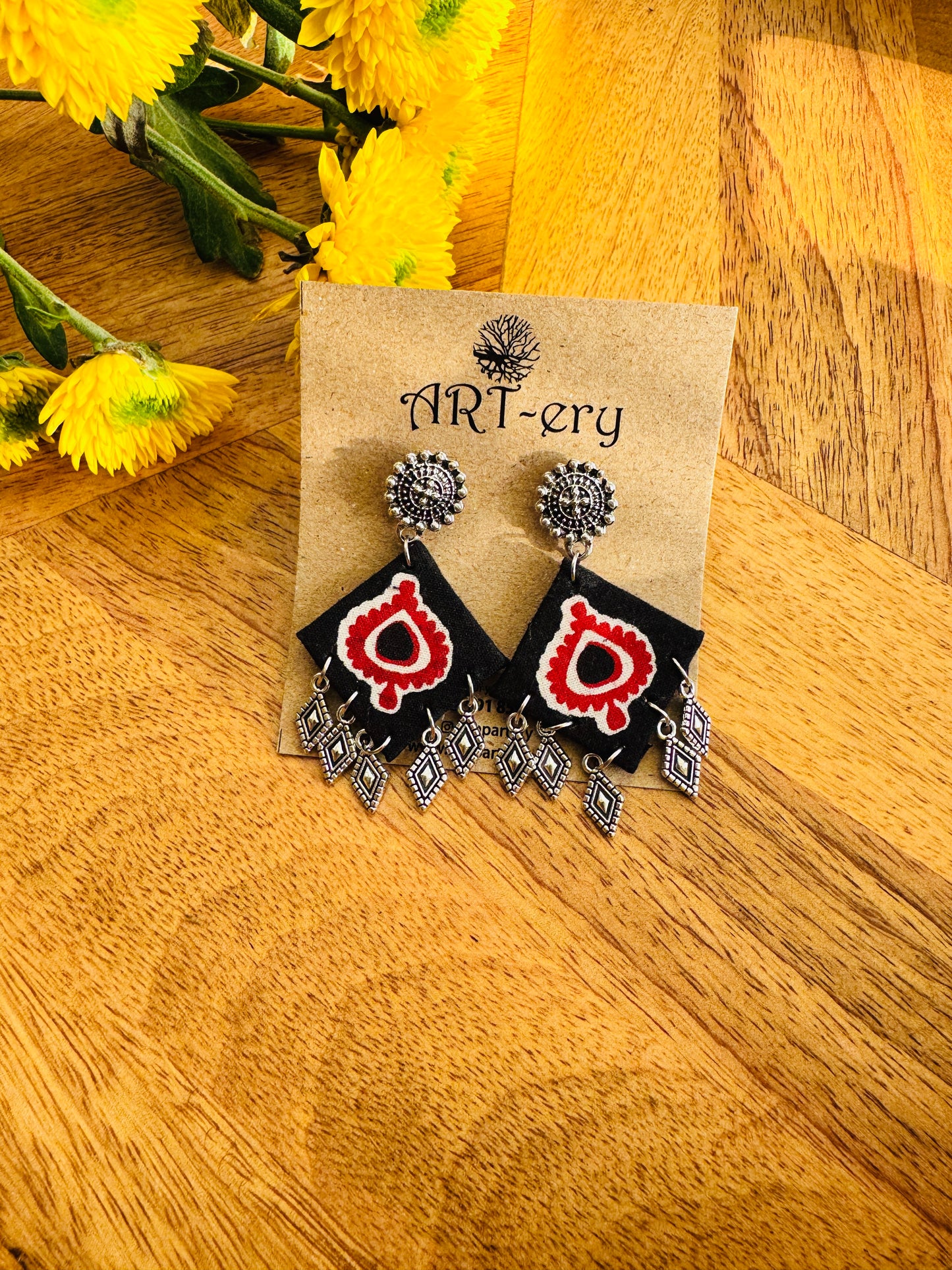 Handmade Fabric & Oxidised Silver Earrings - diamond shaped dark earrings