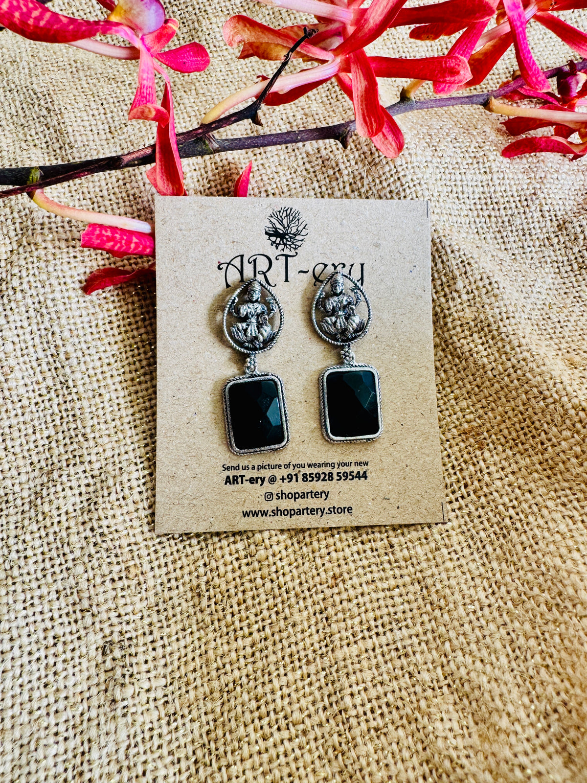 Oxidised Silver Goddess Lakshmi Earrings with Stone Drop - Black