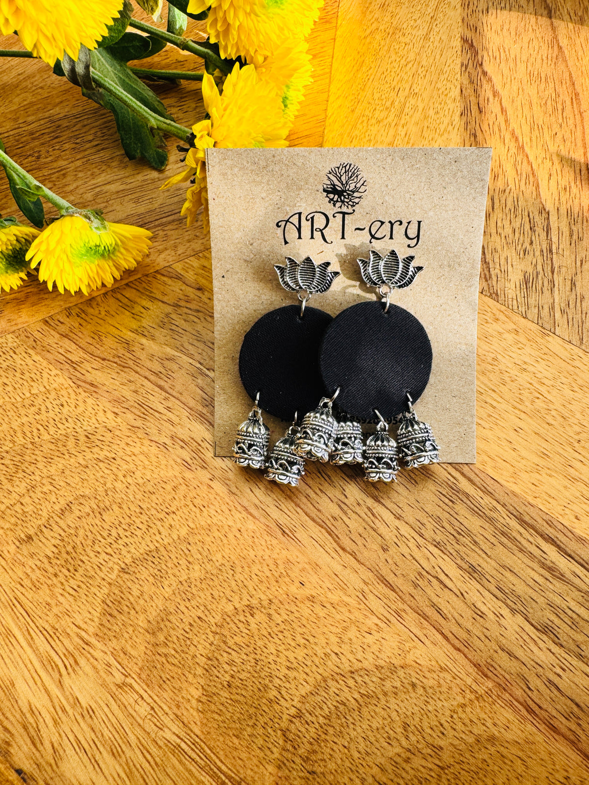 Handmade Fabric & Oxidised Silver Earrings - Plain black jhumka detailing