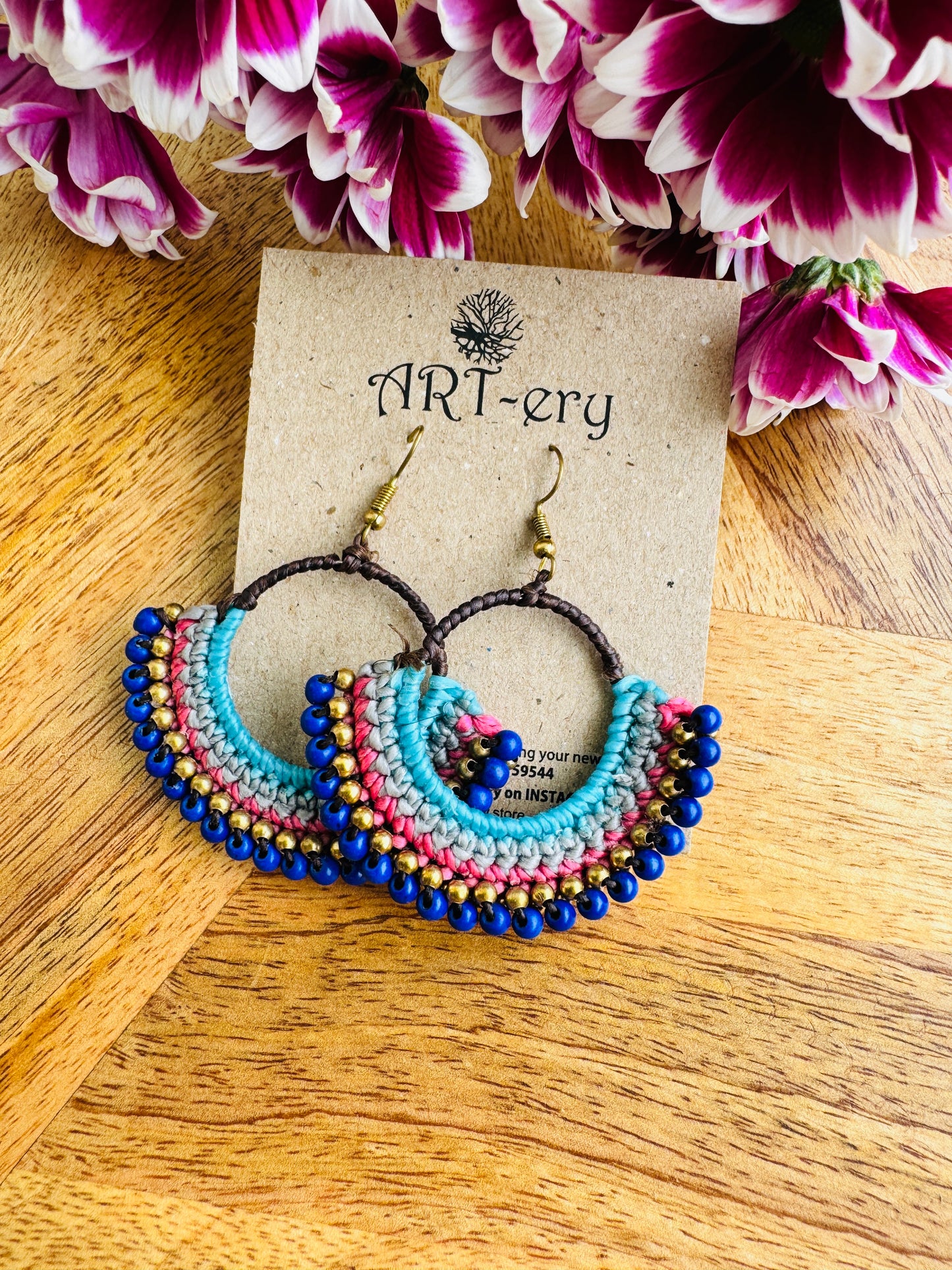 Colorful Beaded Thread Dangler Earrings – Handmade by Far East Artisans | ART-ery Jewellery - Black and blue beaded earring