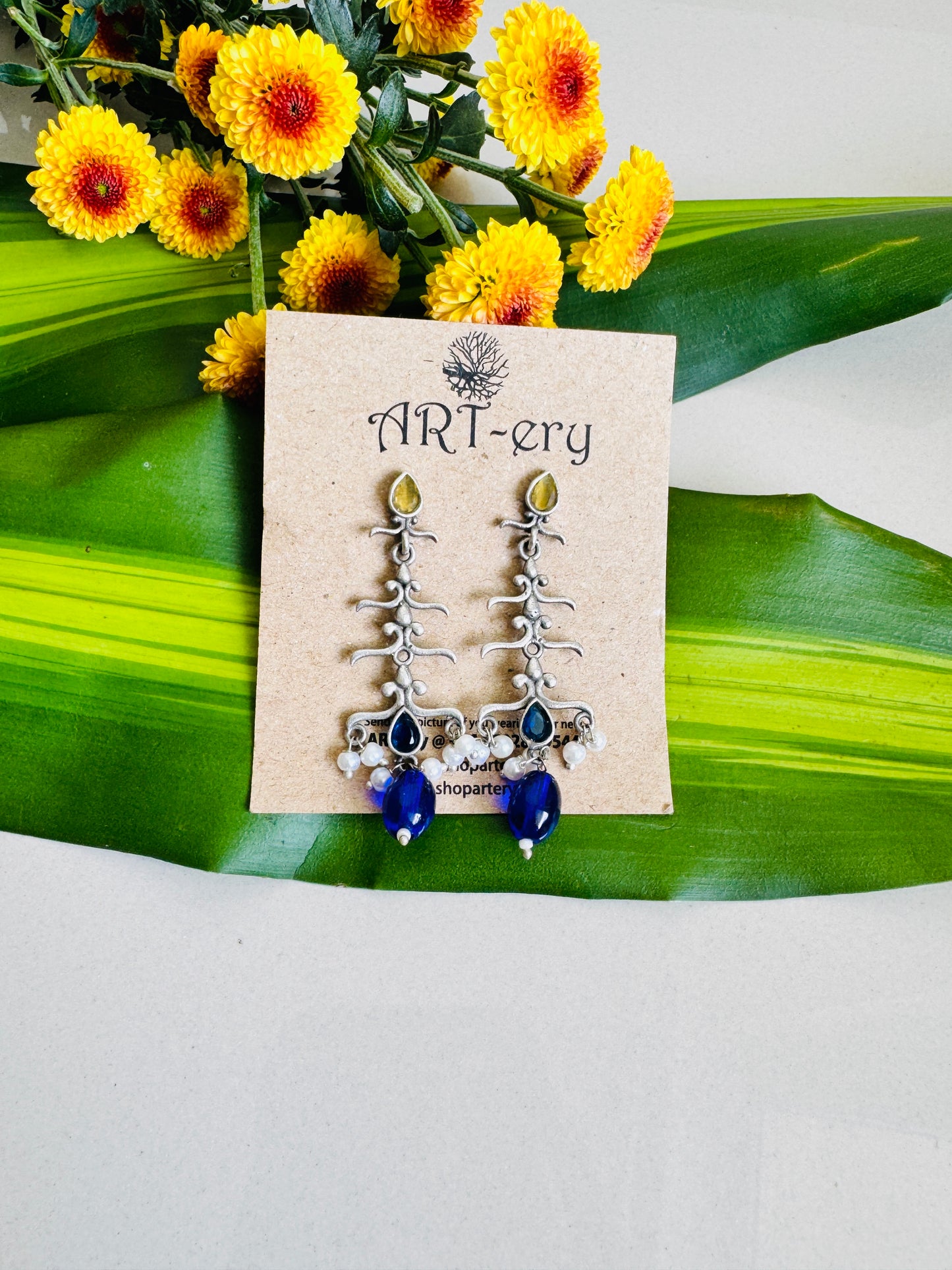 Oxidised silver blue and yellow dangler