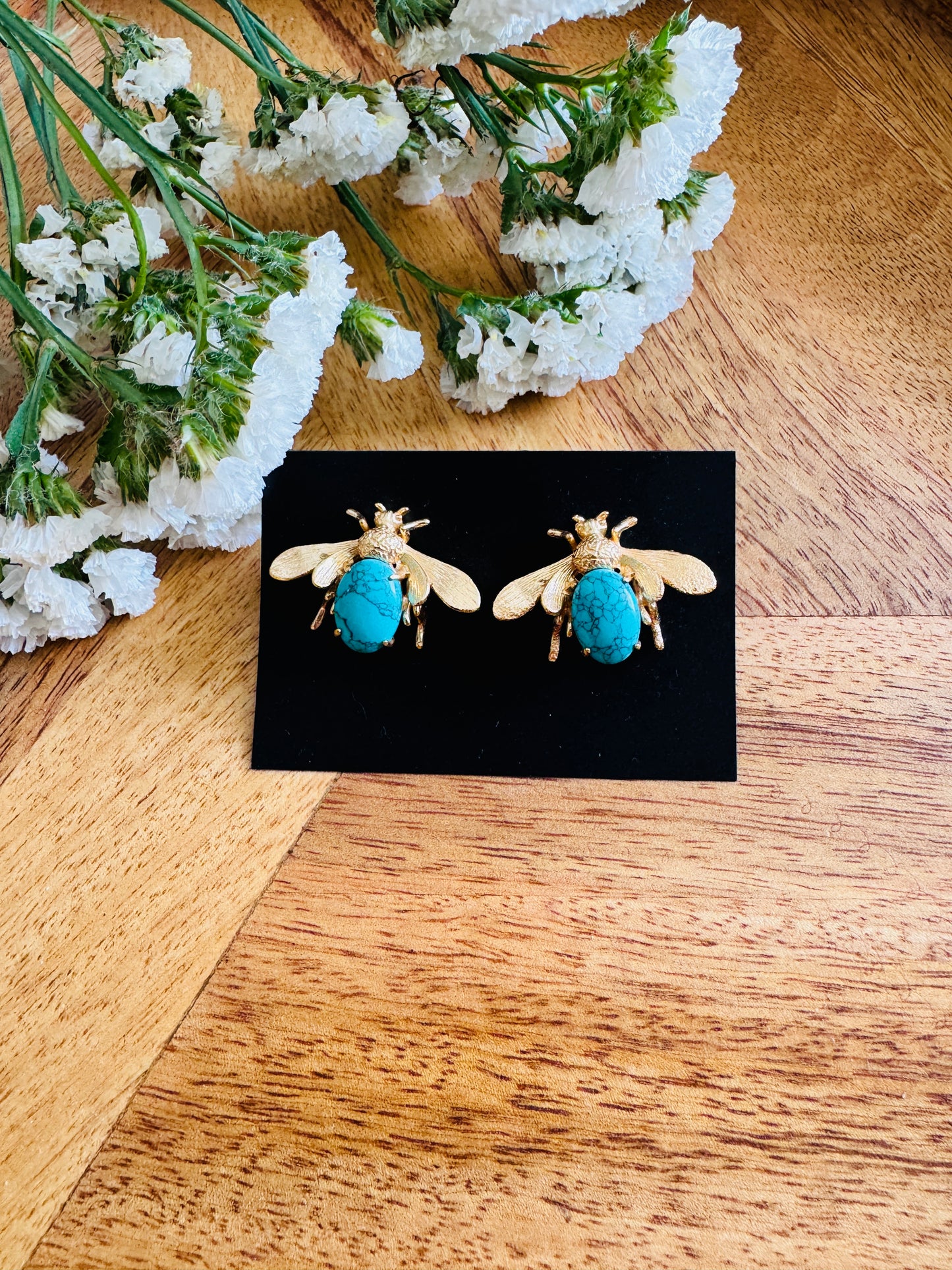 Handmade Brass Dangler Earrings with Natural Stone | Blue bee