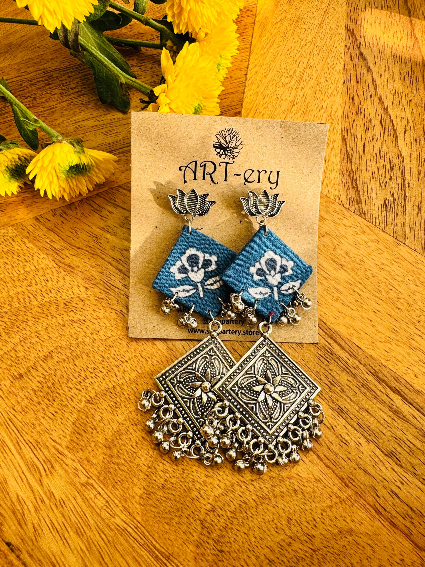 Handmade Fabric & Oxidised Silver Earrings - blue diamond long dangler