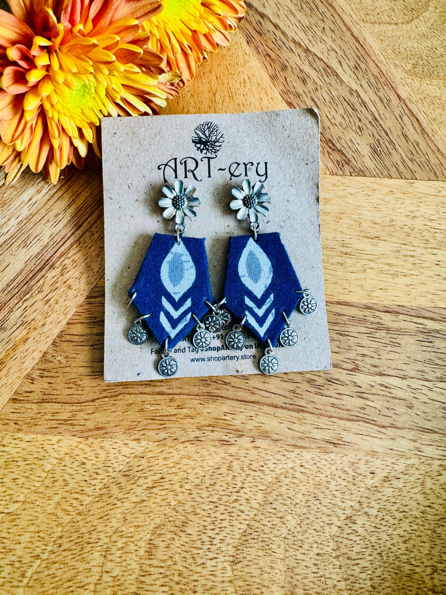 Blue oxidised silver fabric earrings