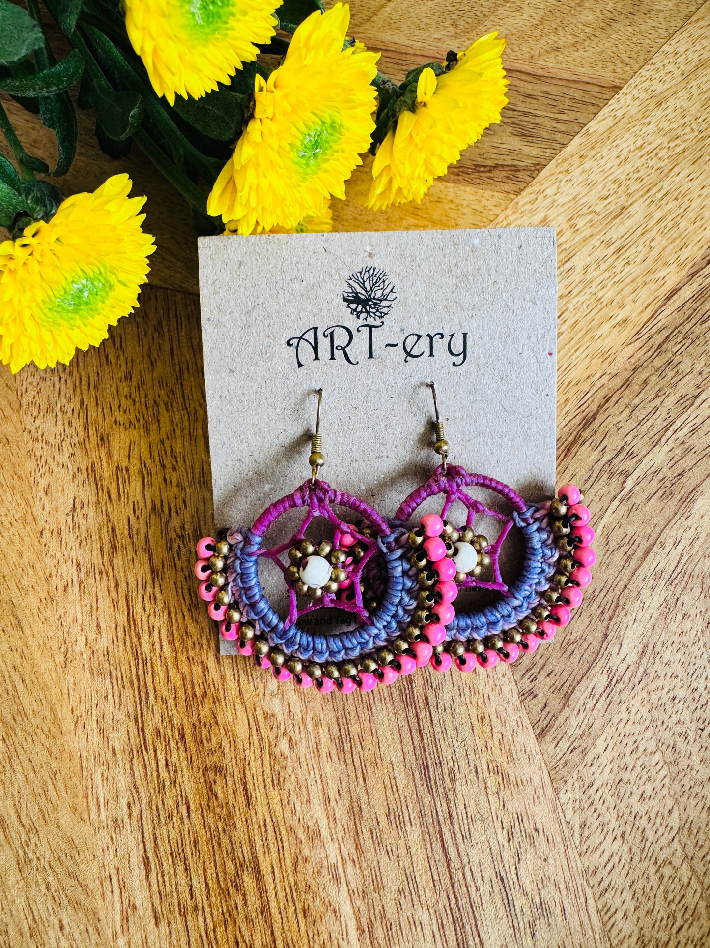 Crochet Thread & Bead Earrings - Pink and lavender