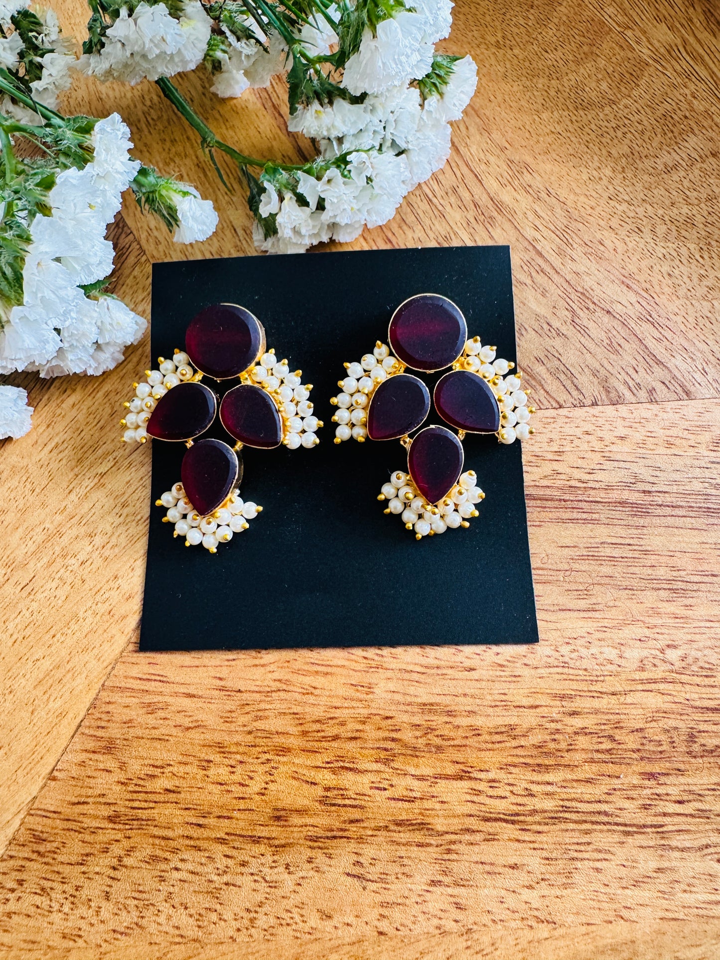 Handmade Brass Dangler Earrings with Natural Stone | Cluster pearl natural stone stud