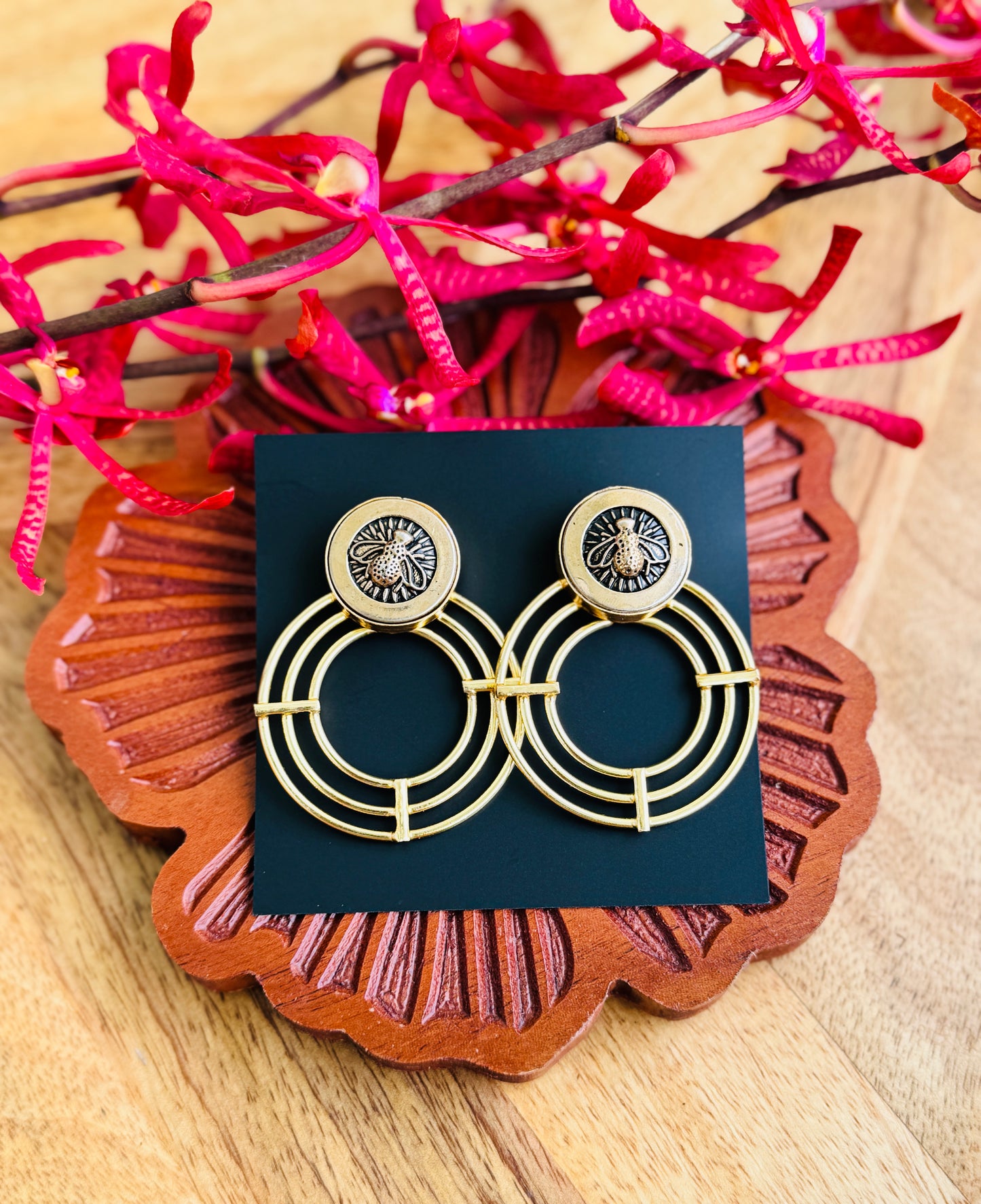 Brass Earrings - Brass with bee design