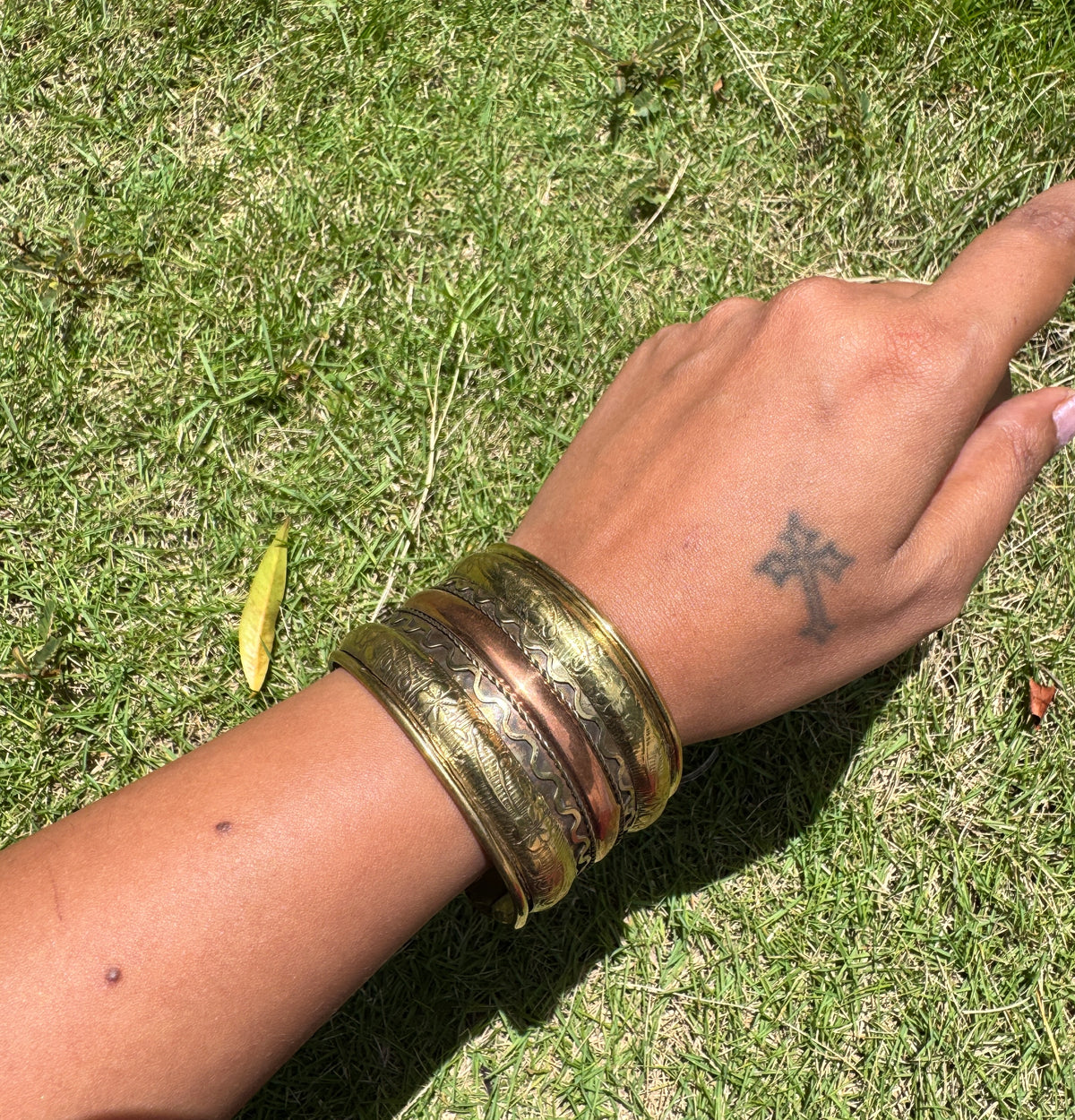 Abstract arm cuff dull finish copper and brass