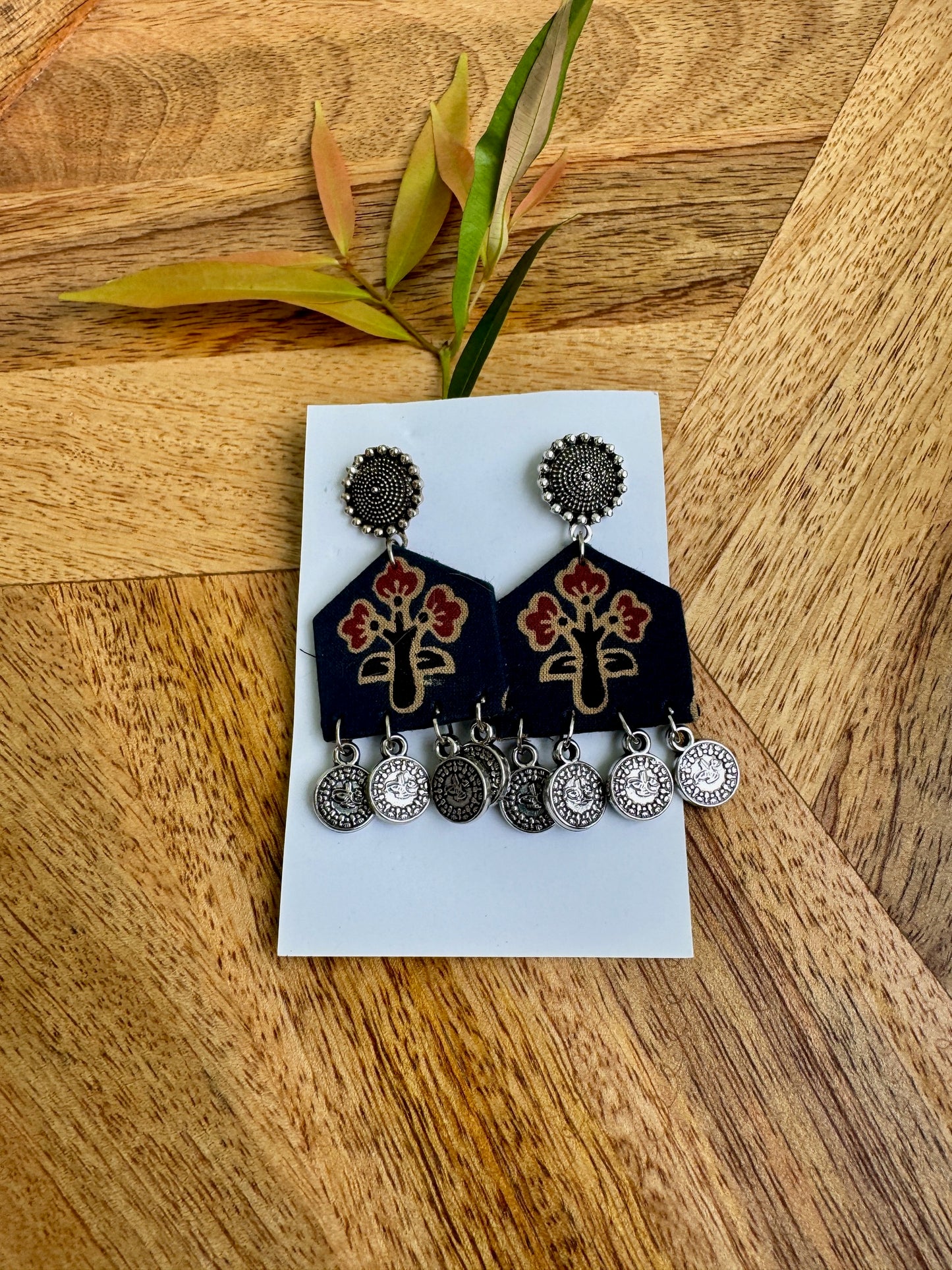 Lightweight fabric earring Black printed earrings - Deep blue