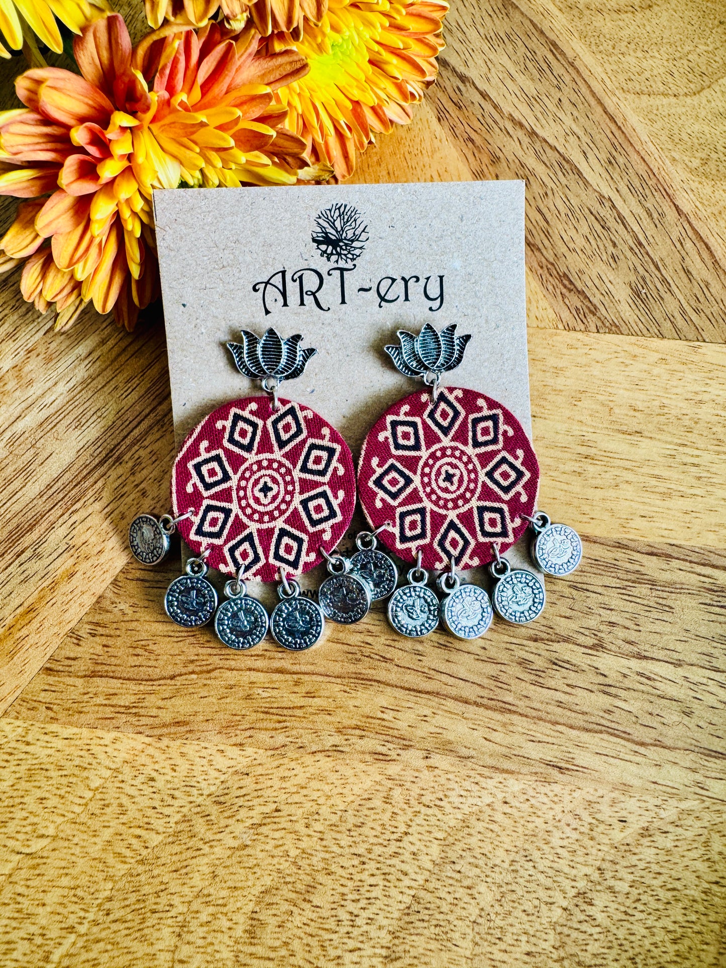 Rust oxidised silver fabric earrings with lotus detailing