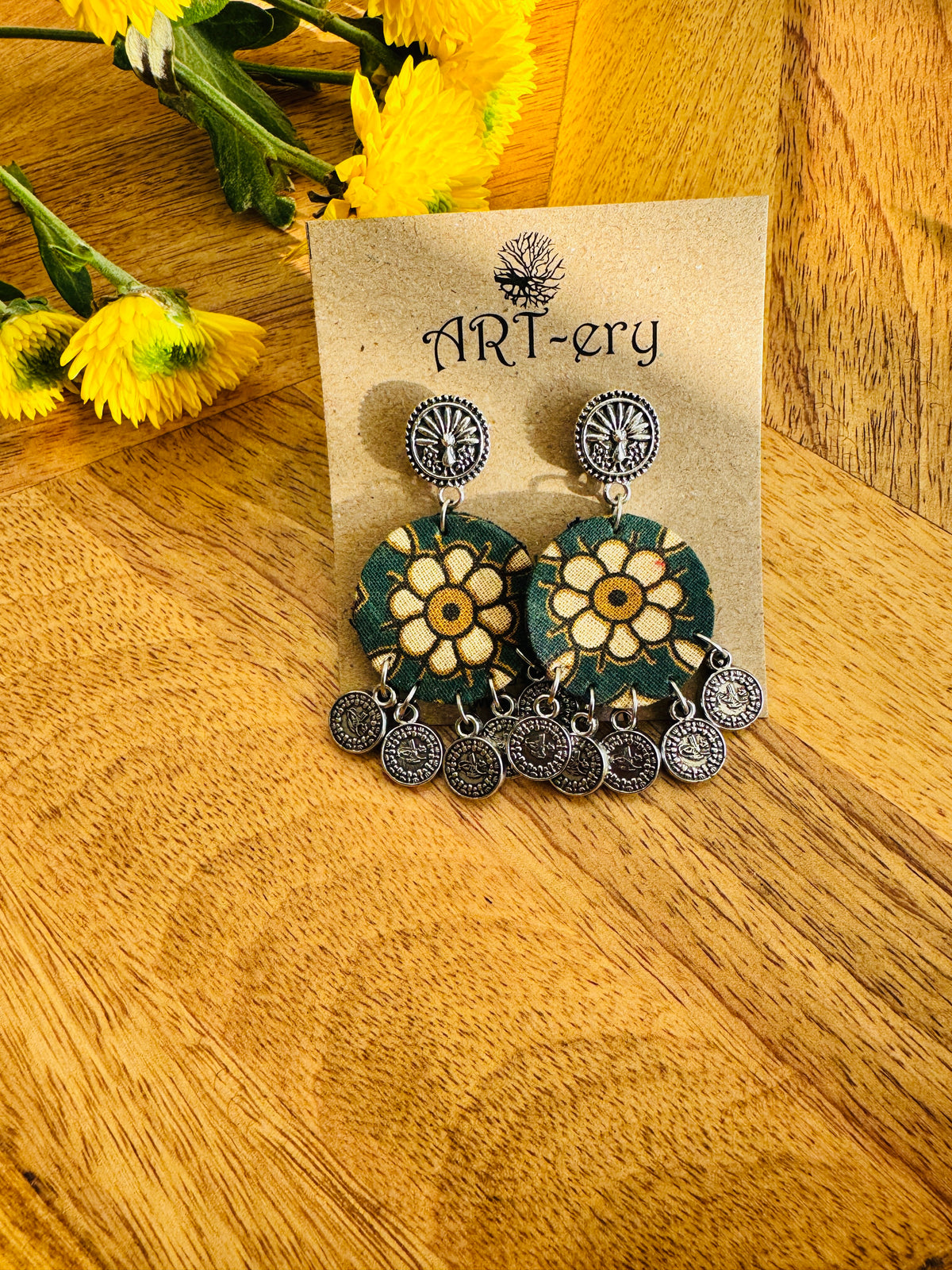 Handmade Fabric & Oxidised Silver Earrings - floral dark earrings