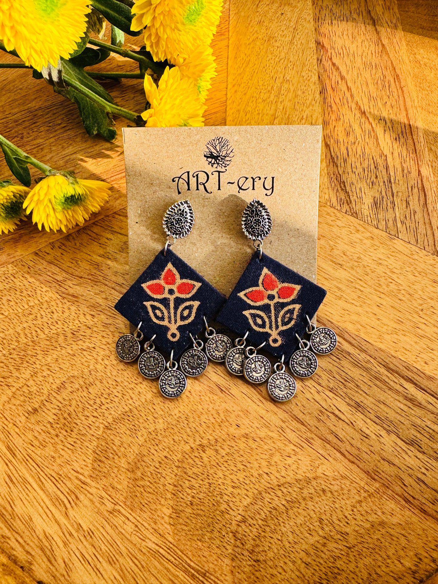 Handmade Fabric & Oxidised Silver Earrings - dark flowers