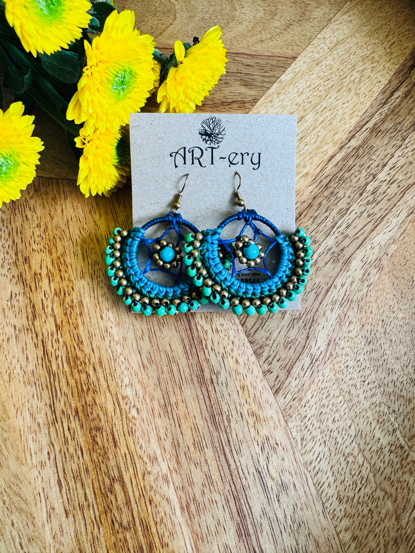 Crochet Thread & Bead Earrings - Green and blue