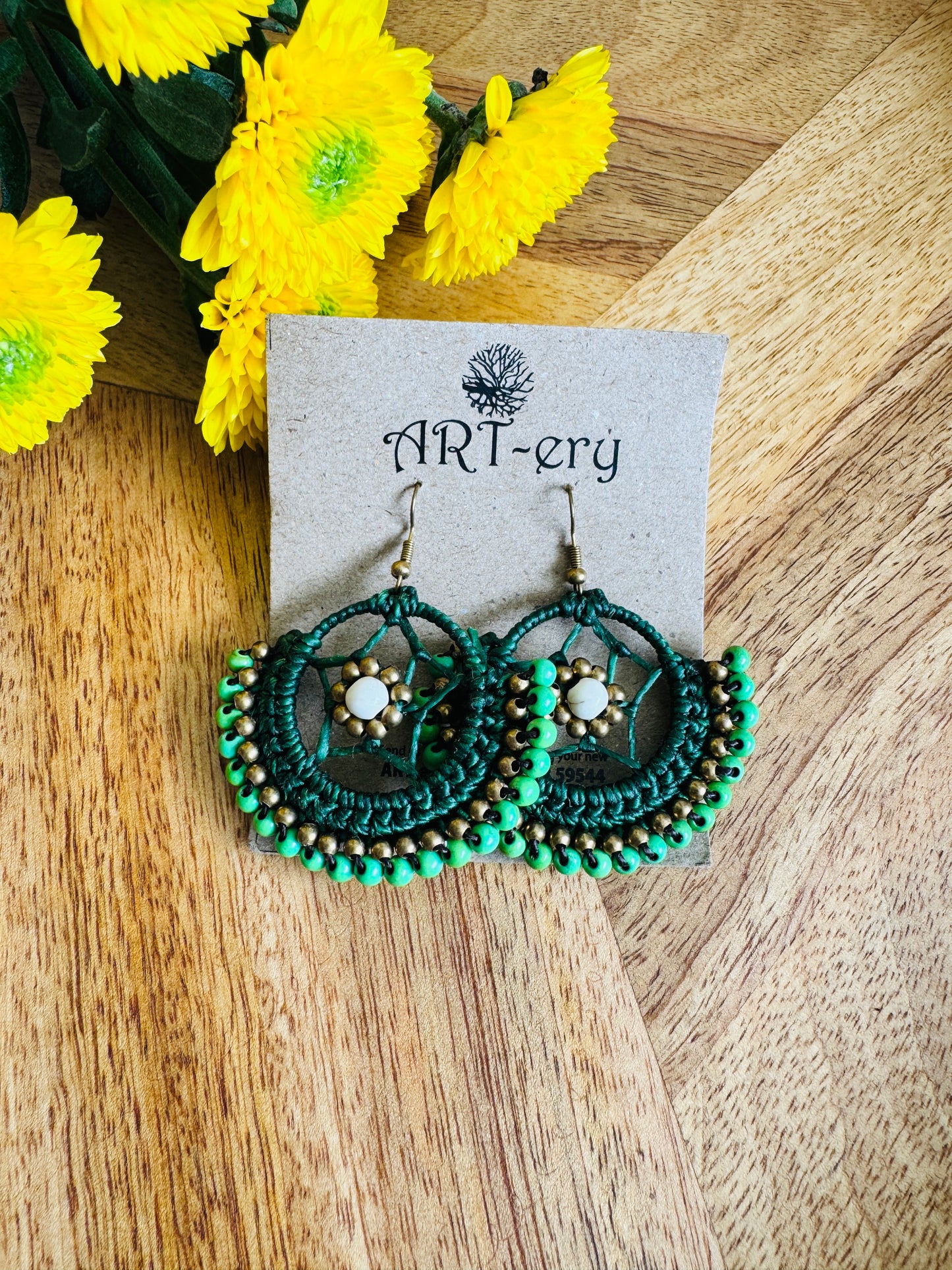 Crochet Thread & Bead Earrings - Green and black
