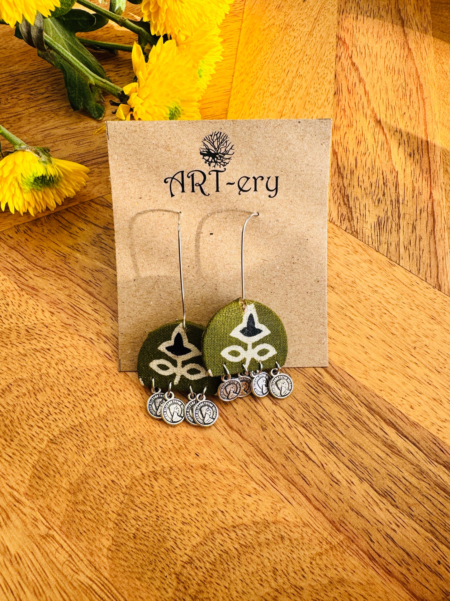 Handmade Fabric & Oxidised Silver Earrings - Green hook type earrings