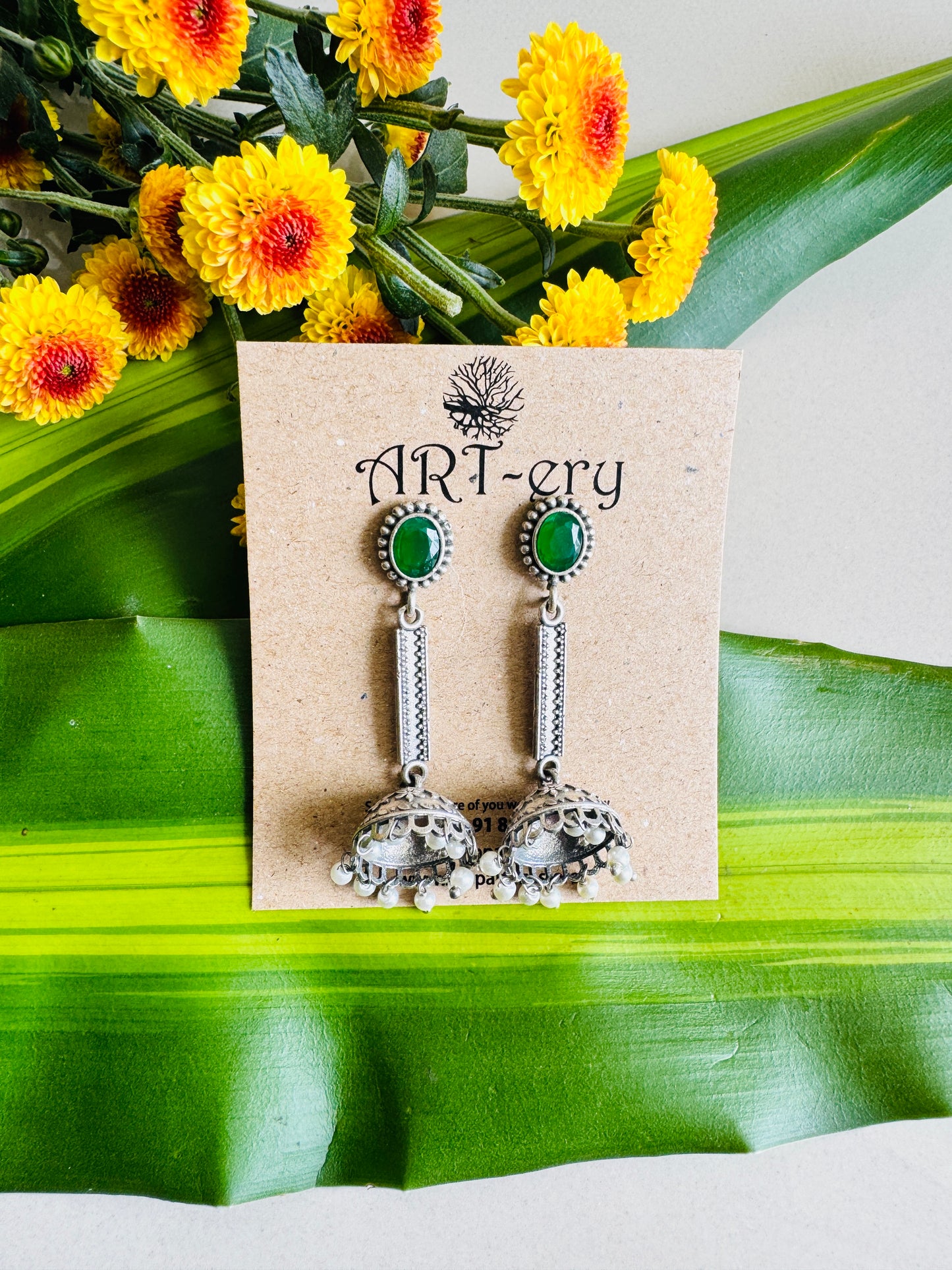 Lightweight oxidised silver jhumka with long stem - Green
