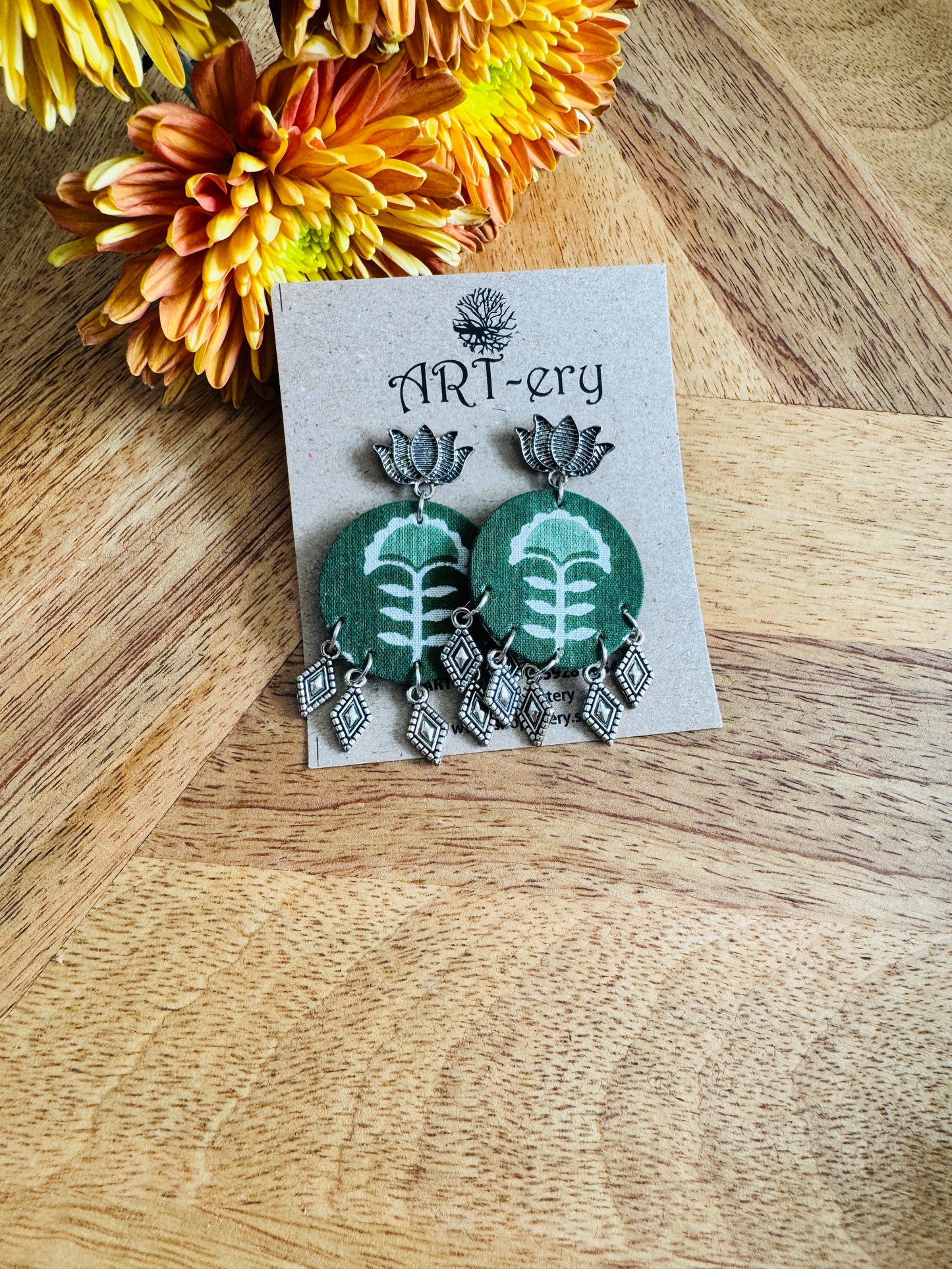 Green lotus fabric earrings