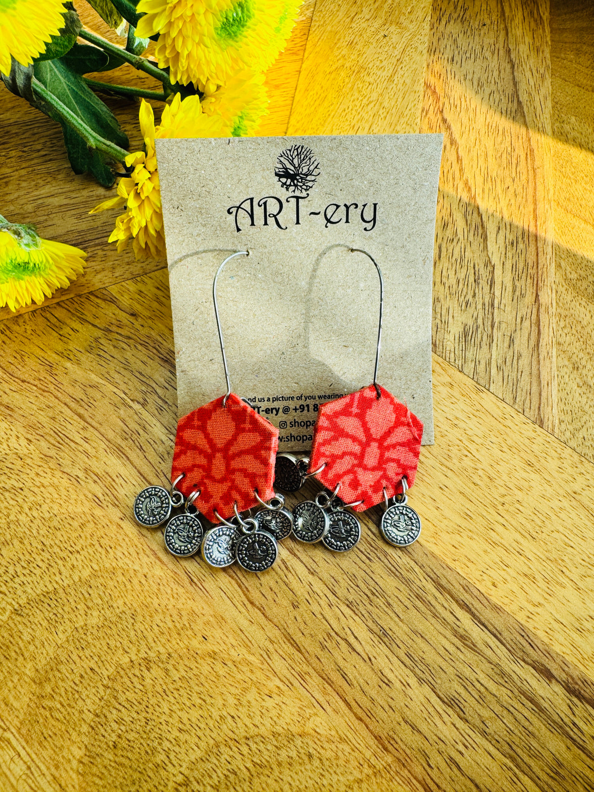 Fabric earrings - Orange hook type