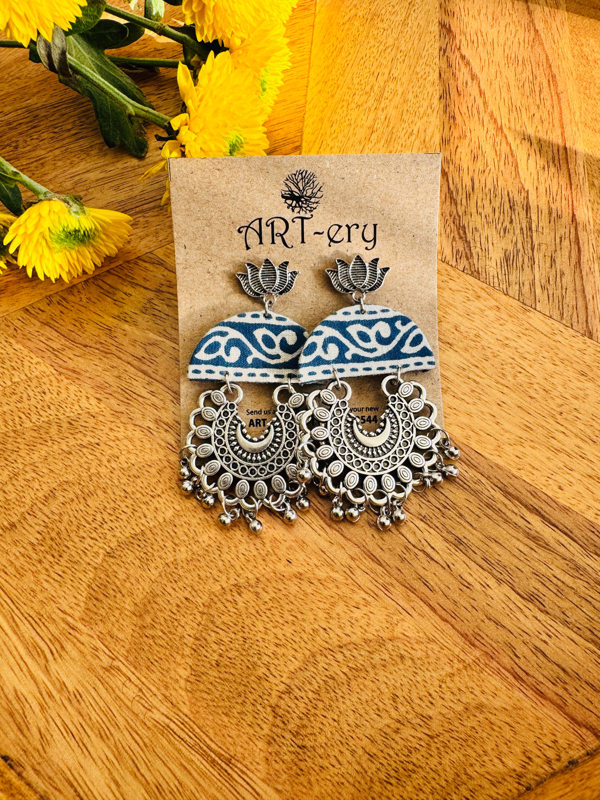 Handmade Fabric & Oxidised Silver Earrings - Lotus printed earrings