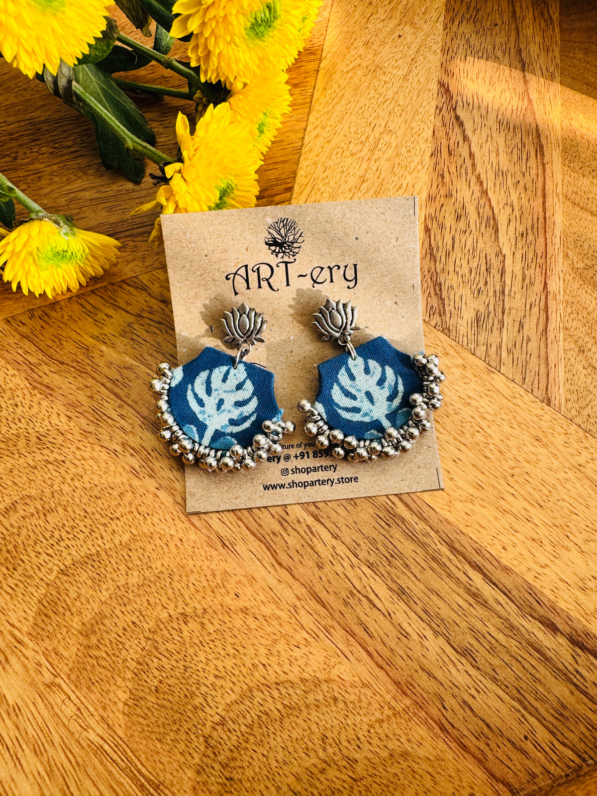 Handmade Fabric & Oxidised Silver Earrings - Lotus indigo earrings