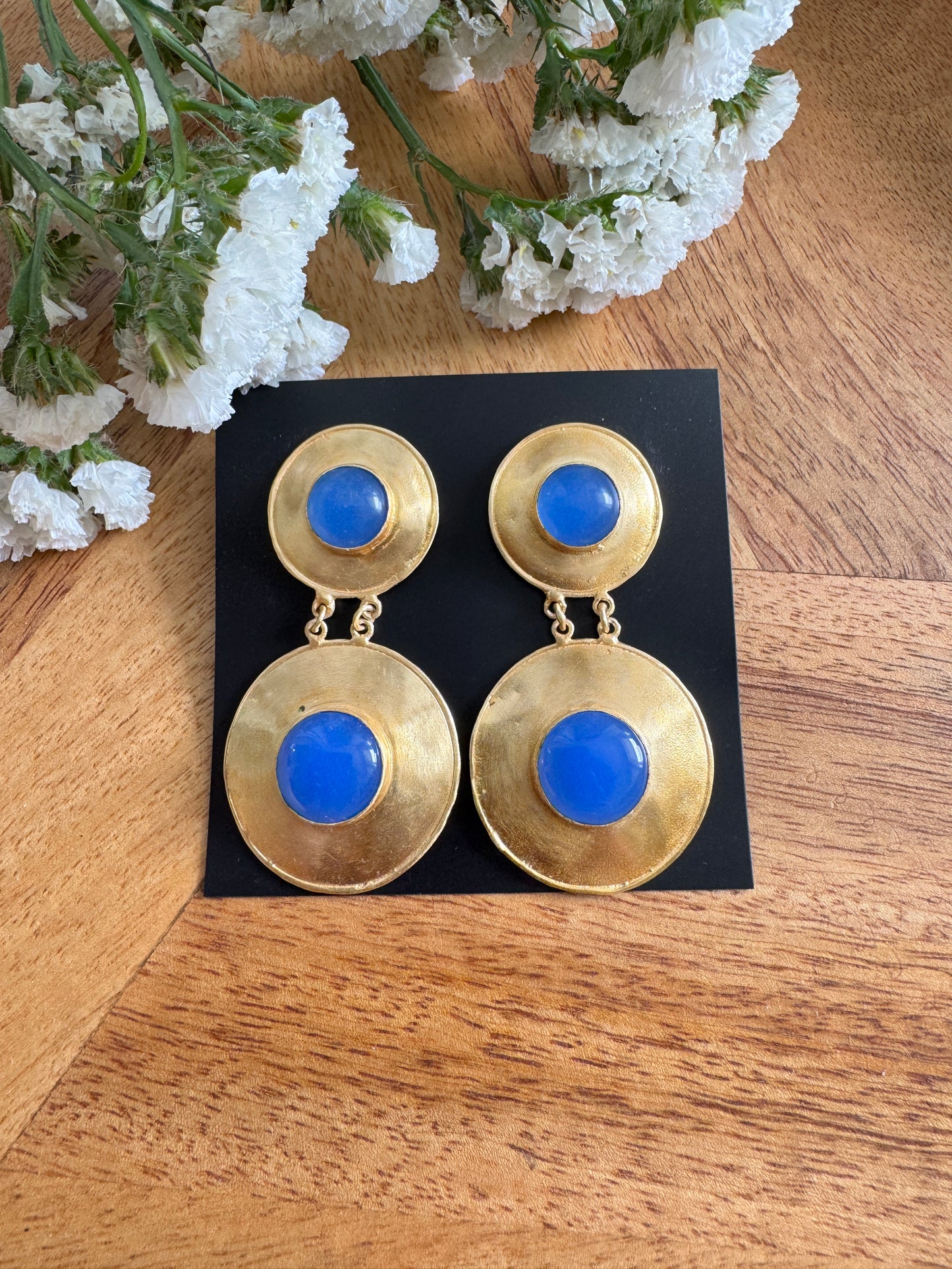 Handmade Brass Dangler Earrings with Natural Stone | Moonstone blue brass dangler