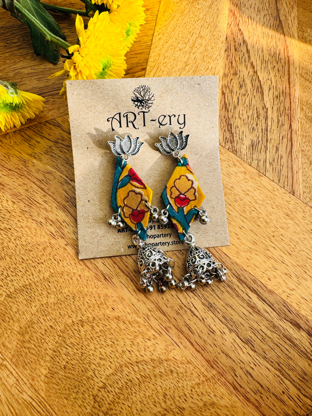 Fabric earrings - Lotus mustard and teal