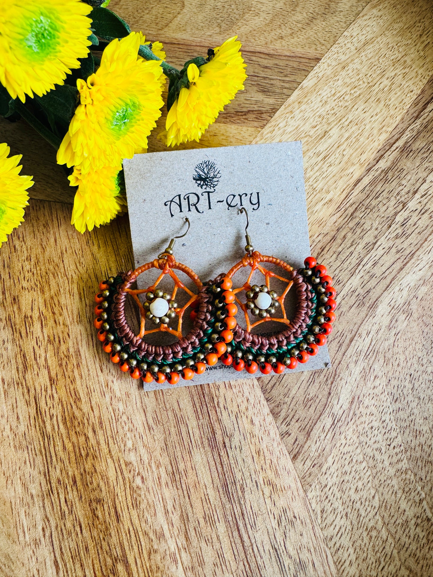 Crochet Thread & Bead Earrings - Orange star