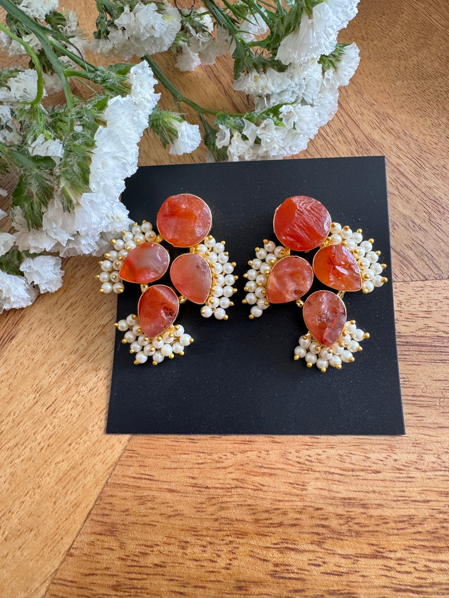 Handmade Brass Dangler Earrings with Natural Stone | Natural stone orange stud