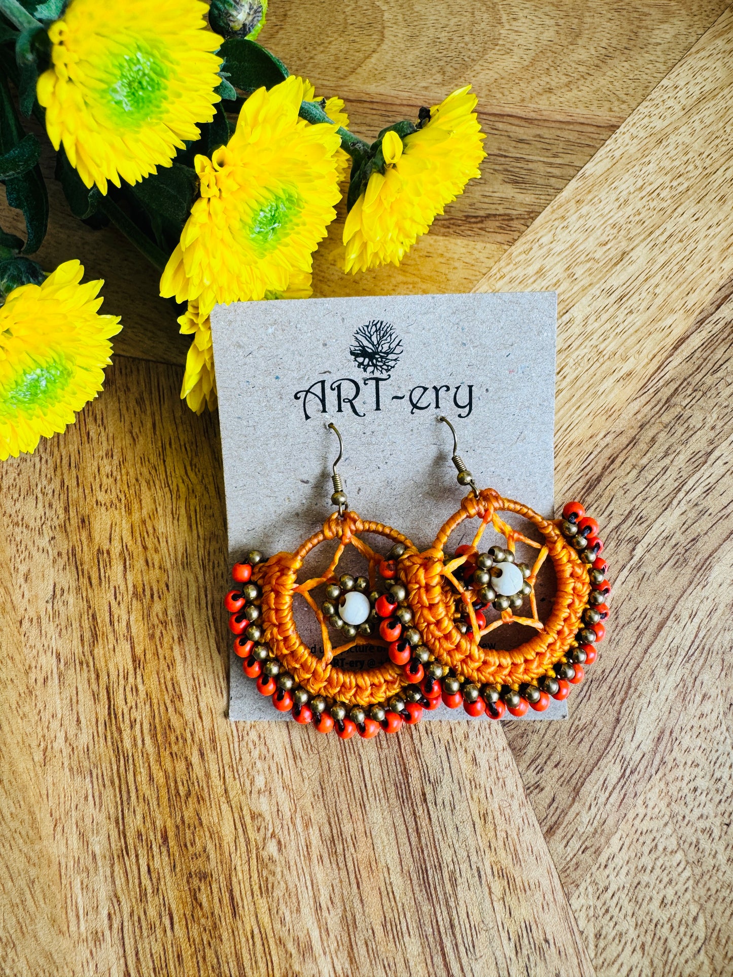 Crochet Thread & Bead Earrings - Bright orange star earrings