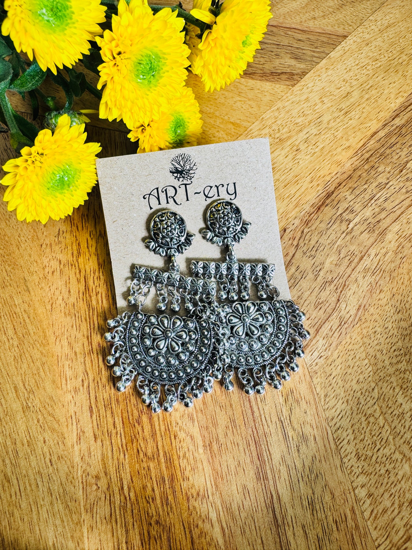 Stud oxidised silver earring dangler