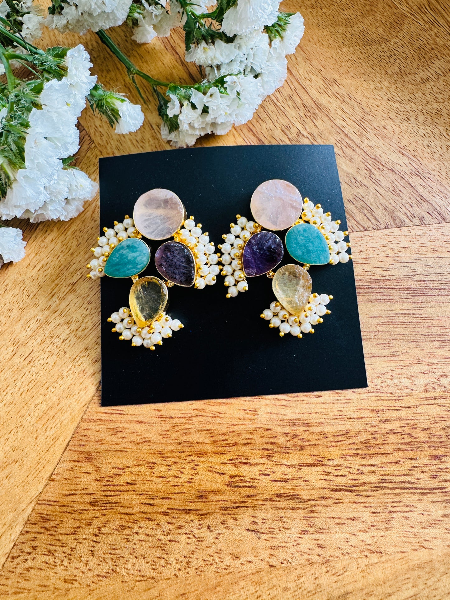 Handmade Brass Dangler Earrings with Natural Stone | Pastel natural