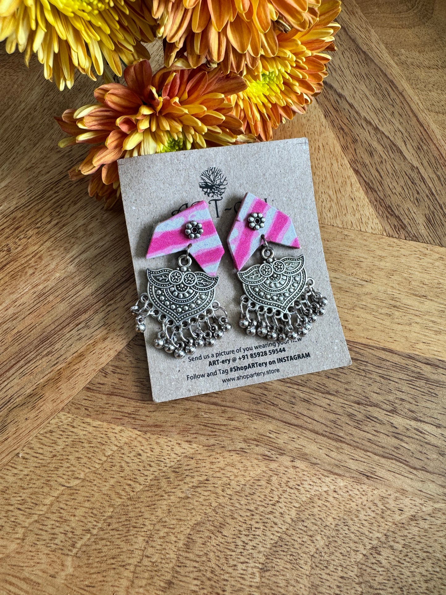 Pink and white fabric earrings