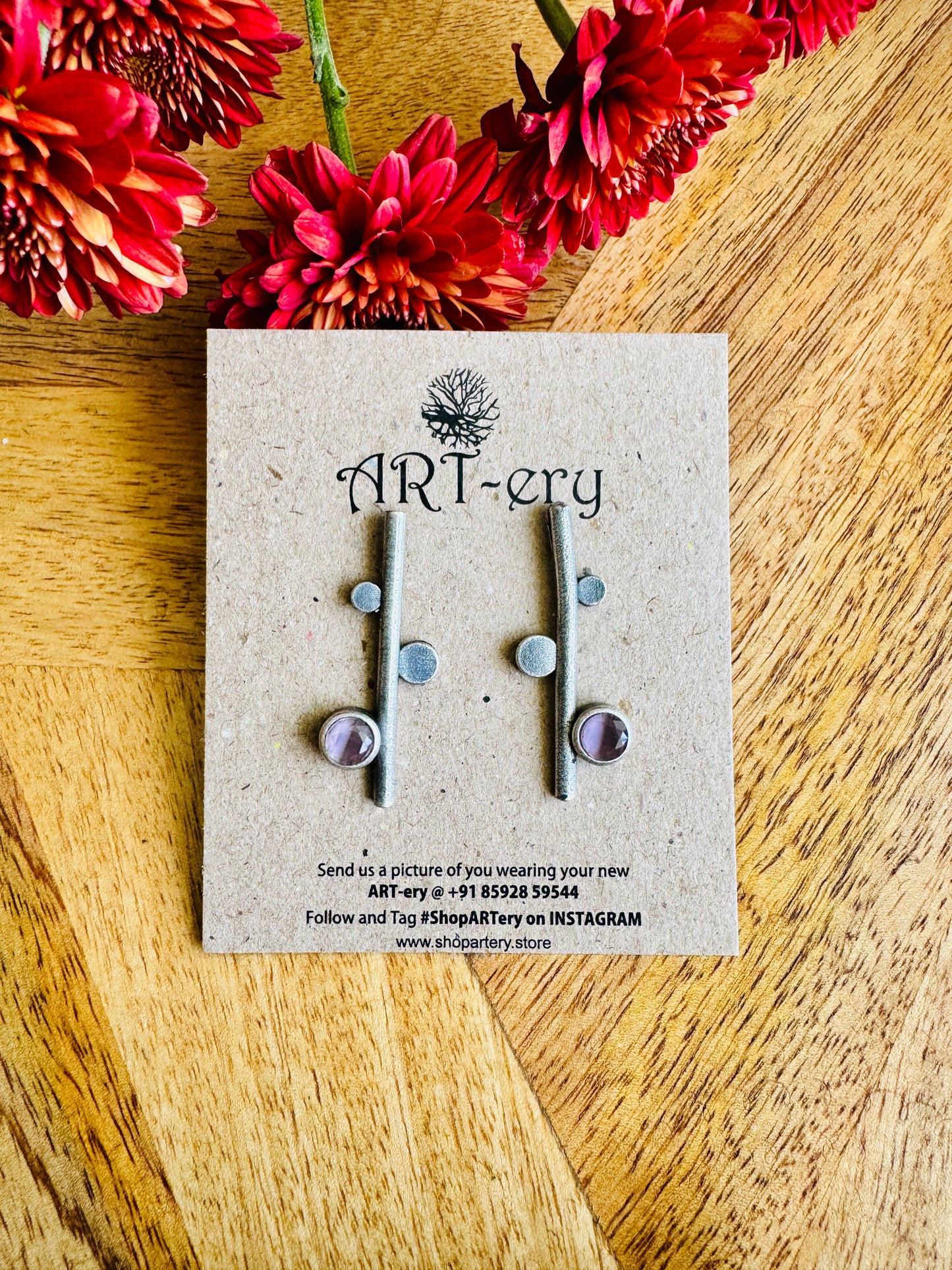 Oxidised silver earrings bars - Pink
