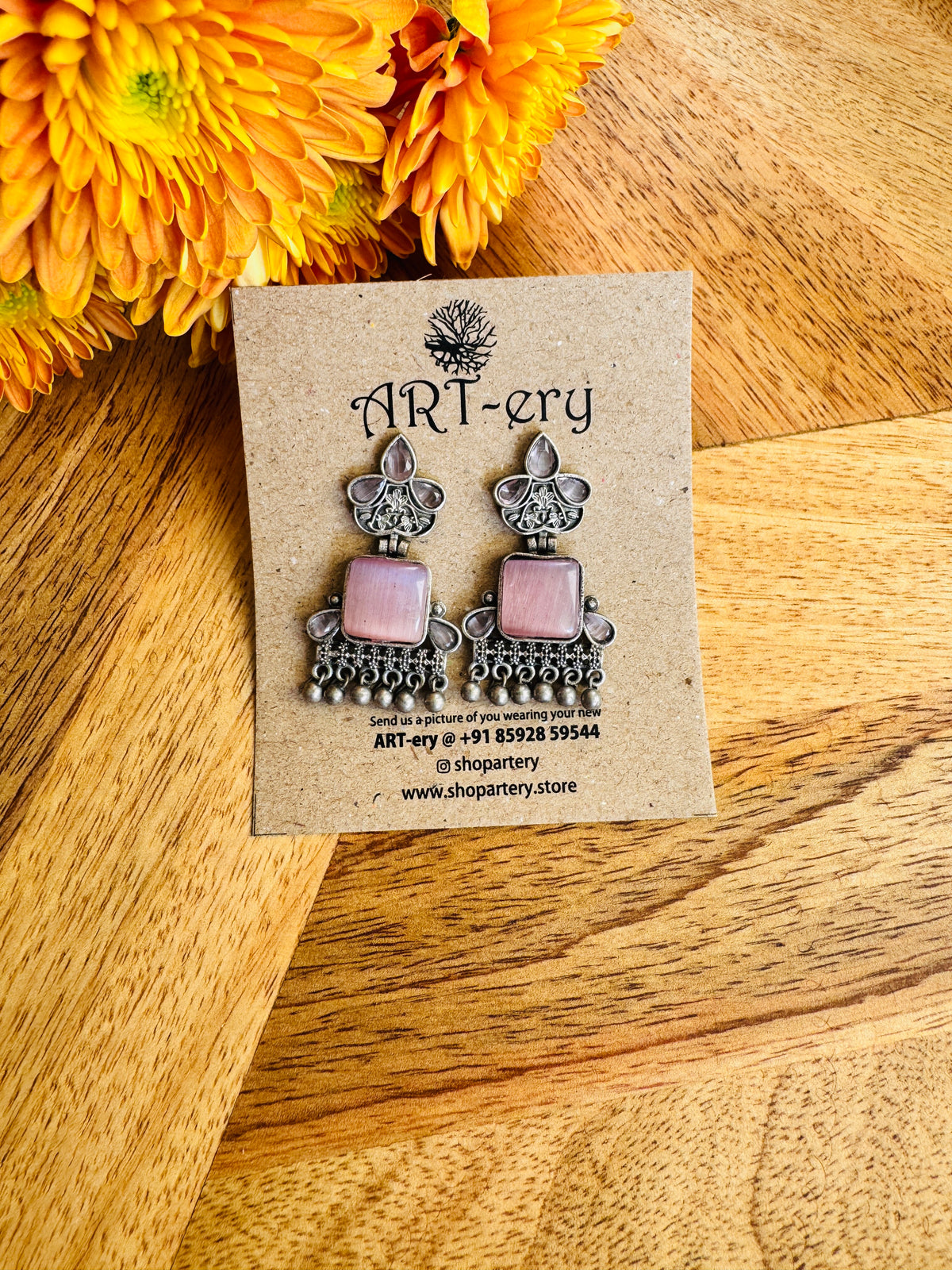Elegant Oxidised Pink Stone Drop Earrings