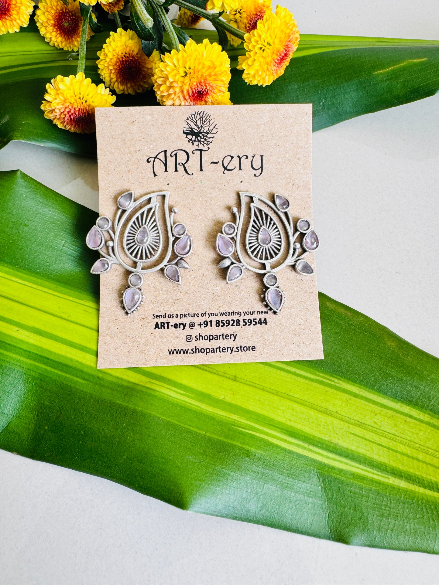 Pink stone Inspired Oxidised Silver Statement Earrings