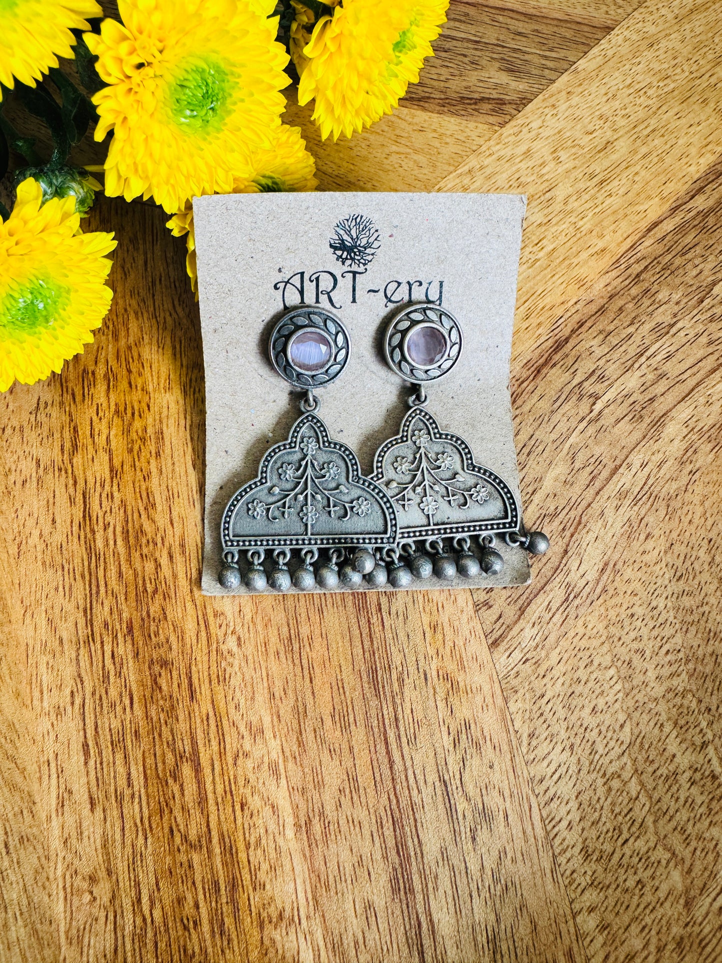Pink triangle dangler oxidised silver earring