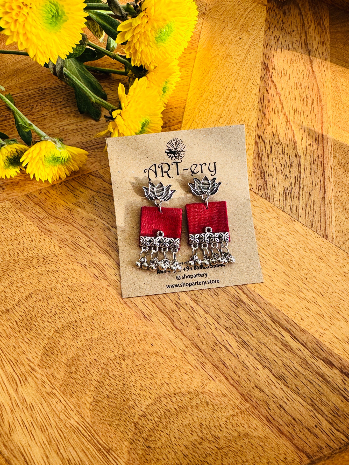 Handmade Fabric & Oxidised Silver Earrings - Red plain earrings