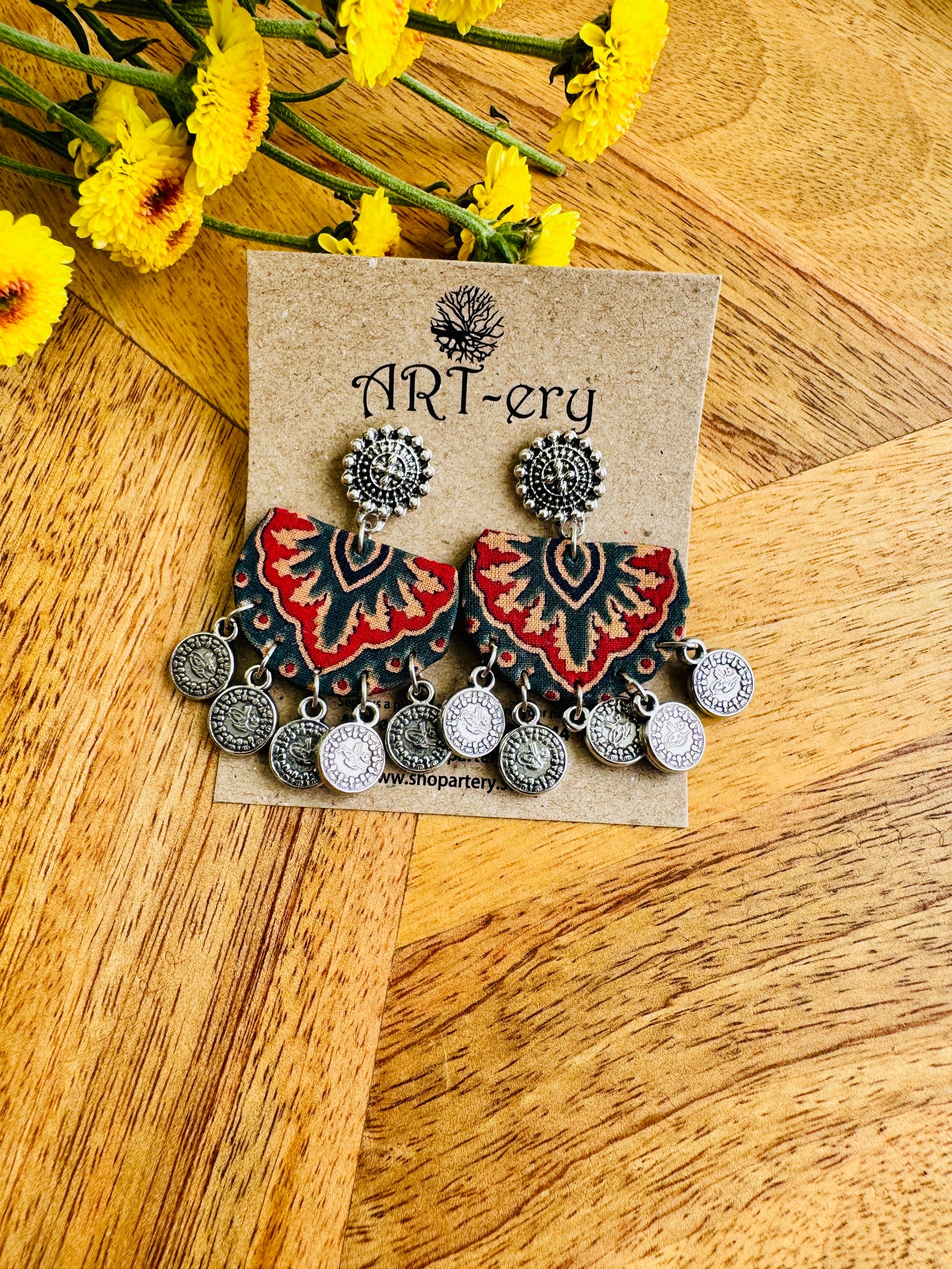 Handcrafted Fabric Statement Earrings | Boho Ethnic Earrings for Women - dark coin
