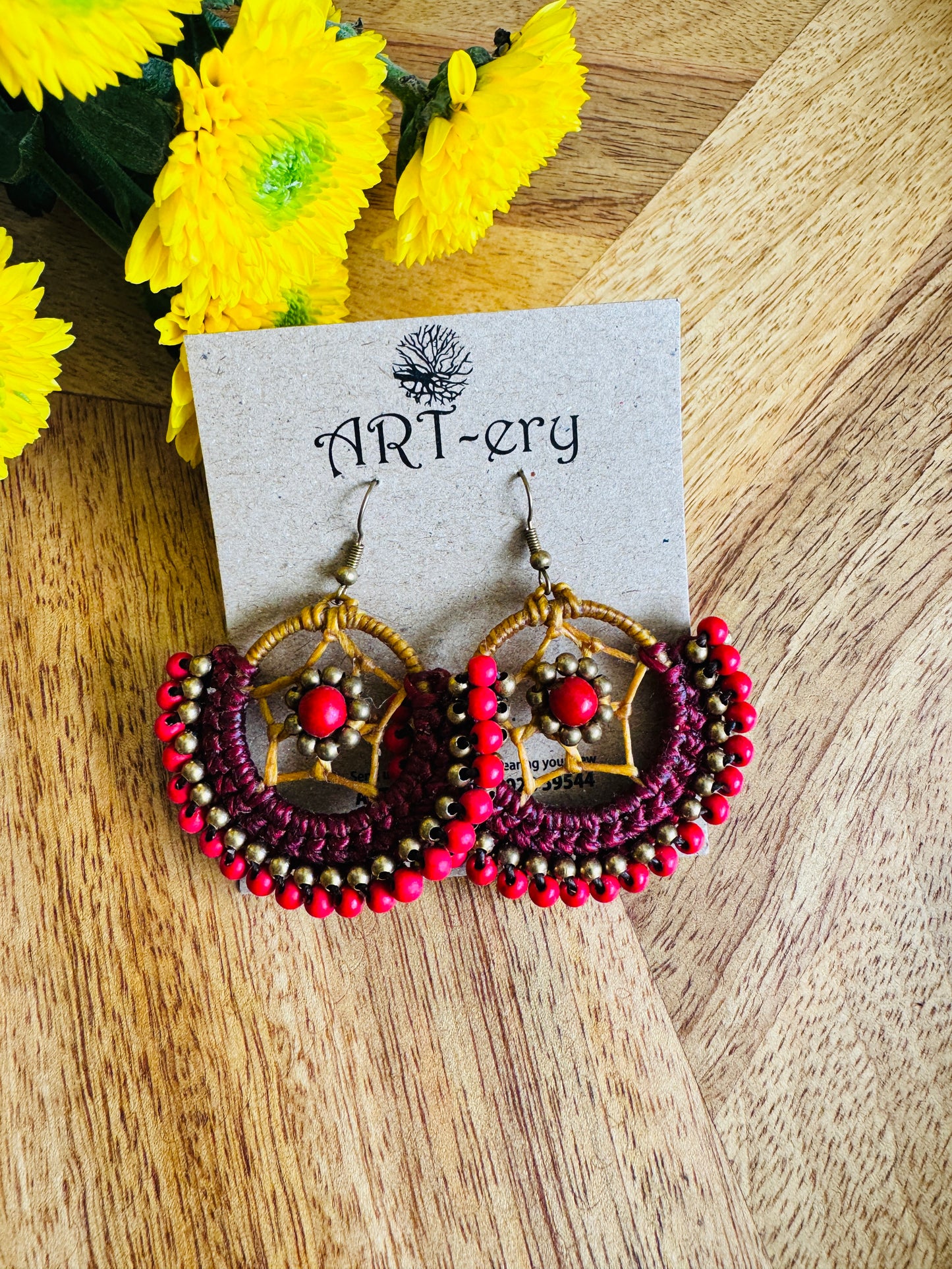 Crochet Thread & Bead Earrings - Red star earrings