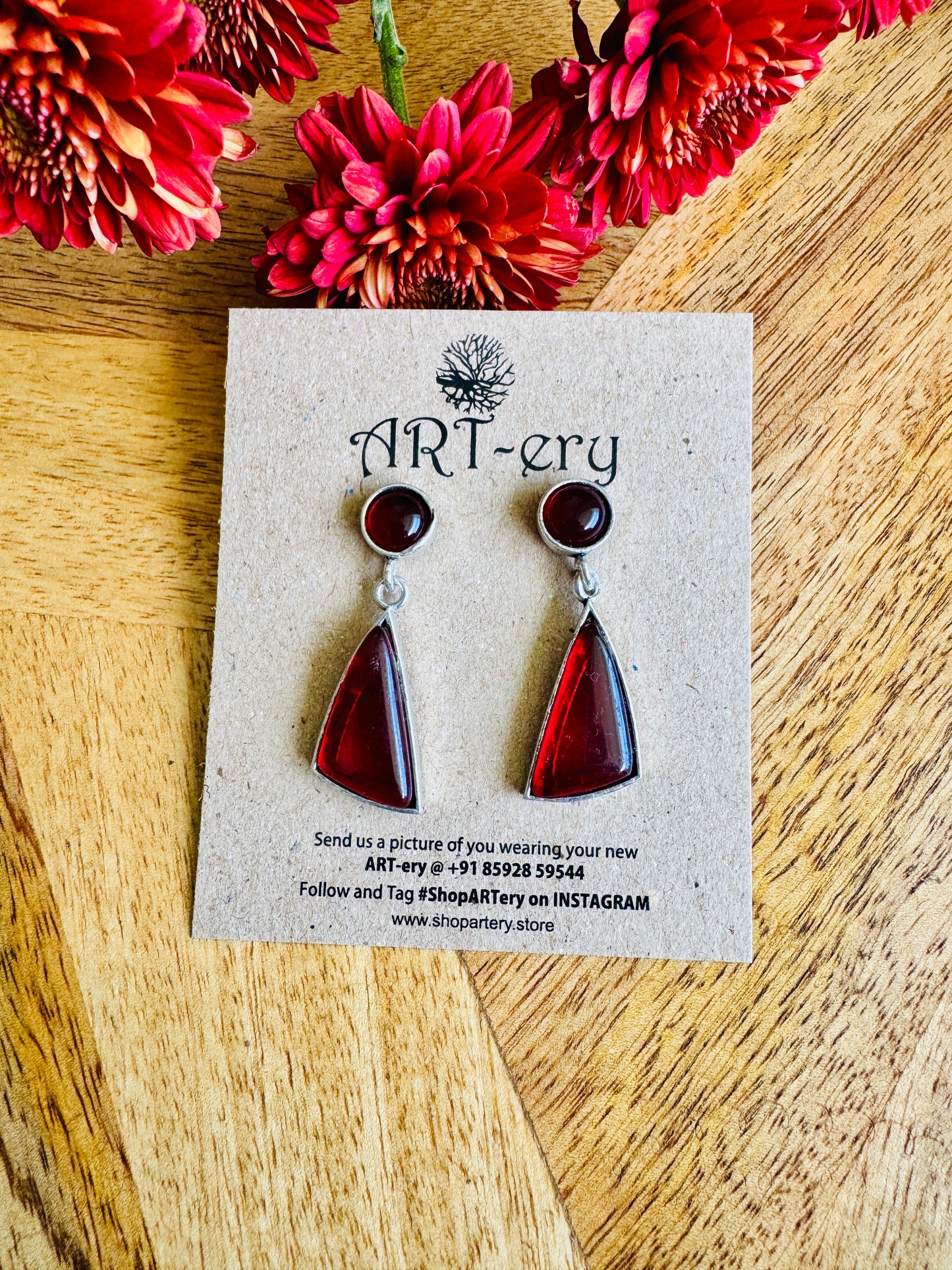 Geometric Stone Danglers in Oxidised Silver - Red