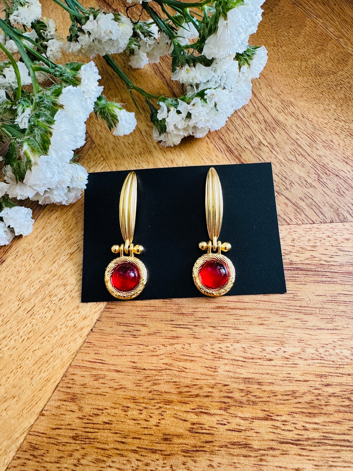Handmade Brass Dangler Earrings with Natural Stone | Red stone