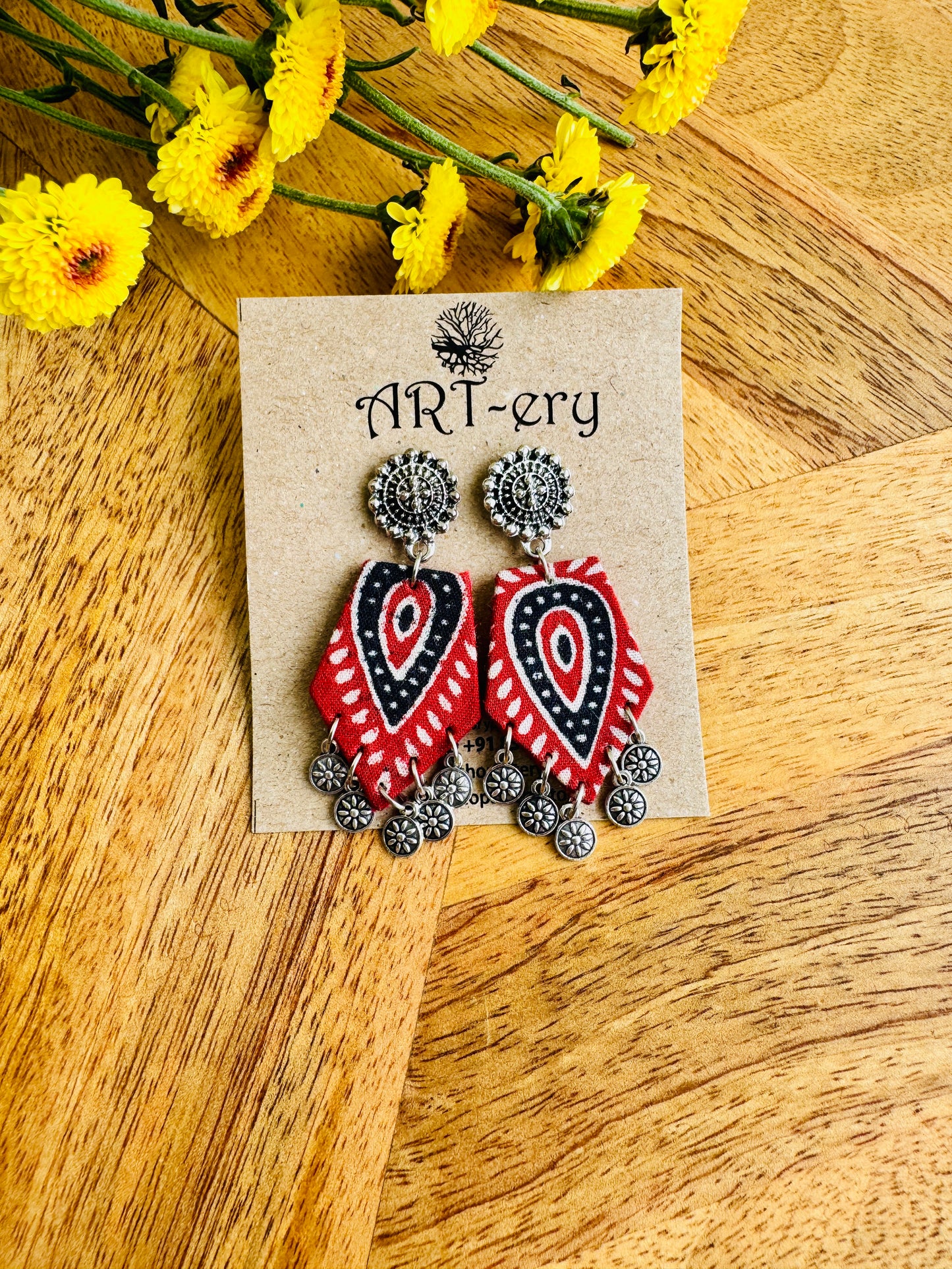 Handcrafted Fabric Statement Earrings | Boho Ethnic Earrings for Women - Red coin earring