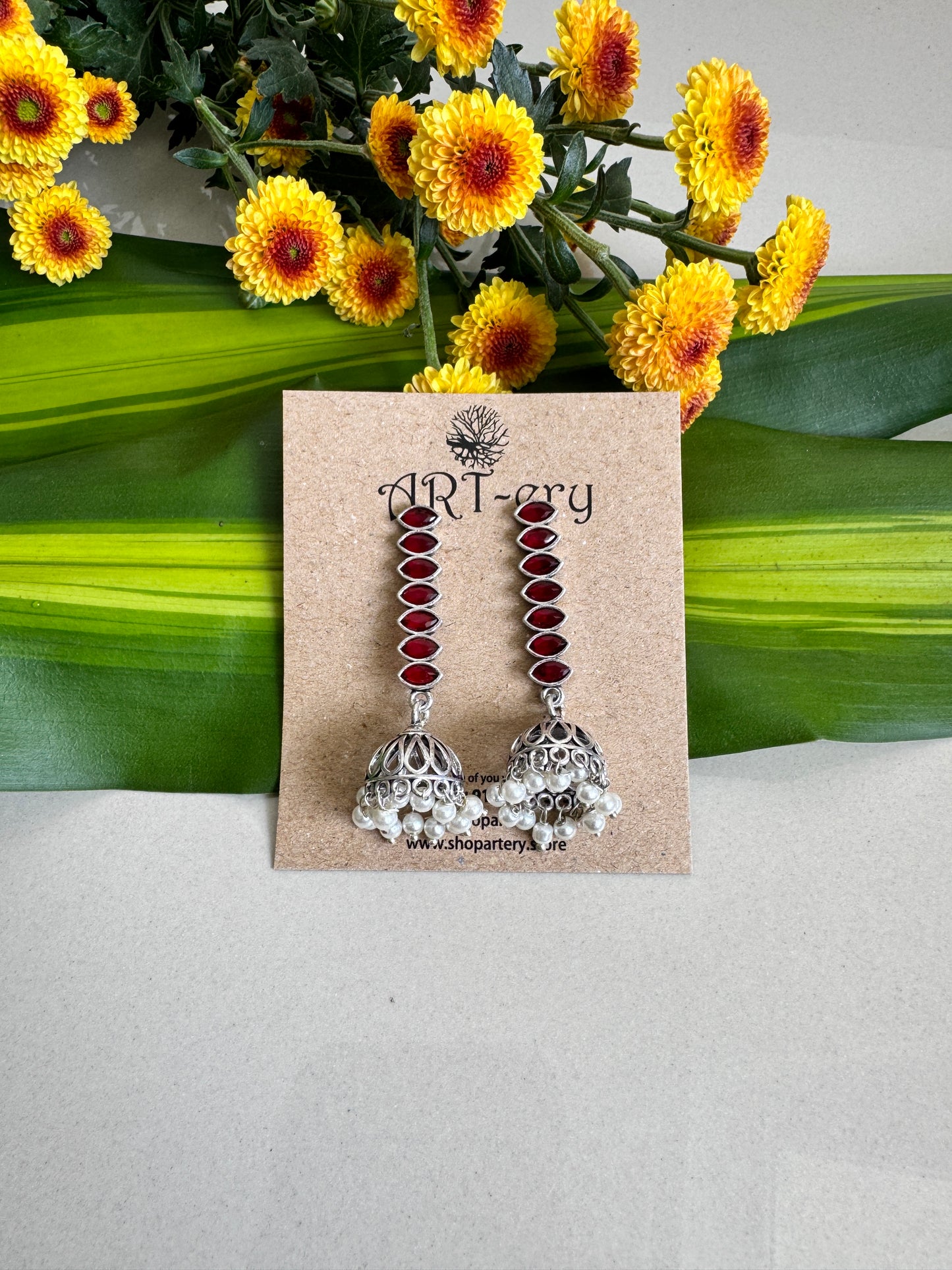 Stone earring with jhumka earrings - Red