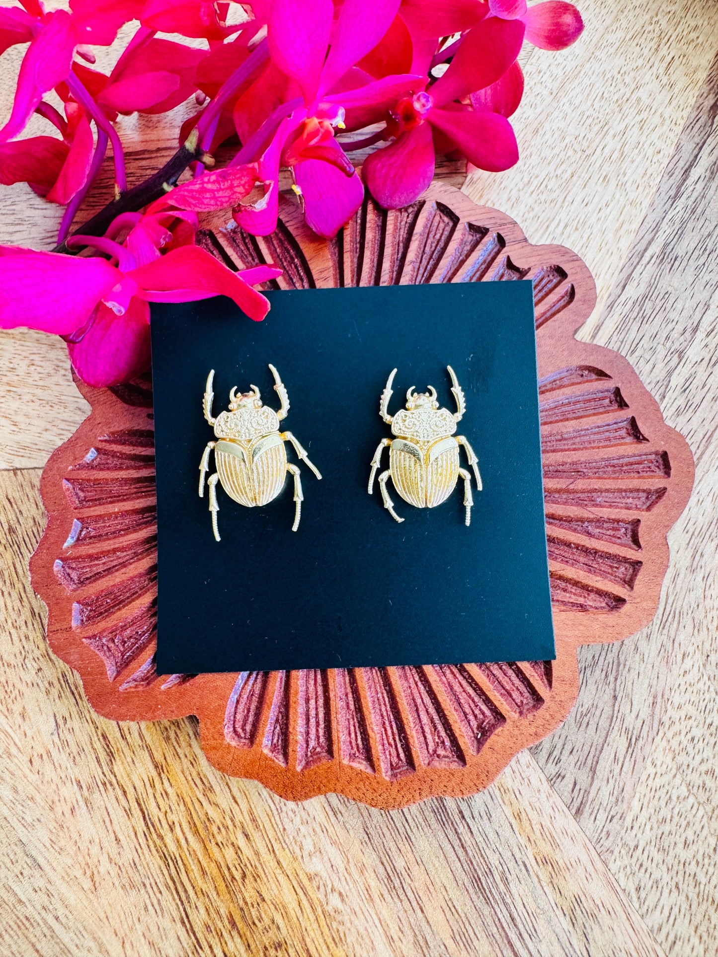 Scarab beetle brass earrings