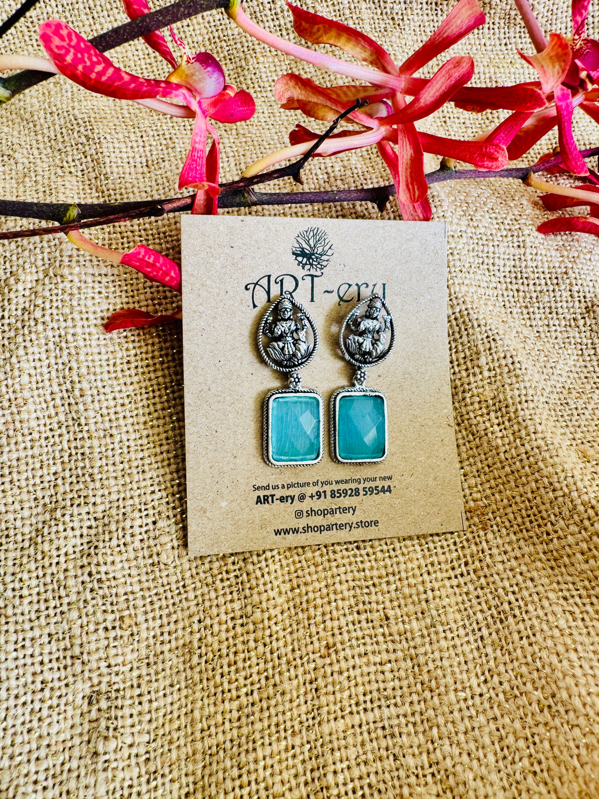 Oxidised Silver Goddess Lakshmi Earrings with Turquoise Stone Drop