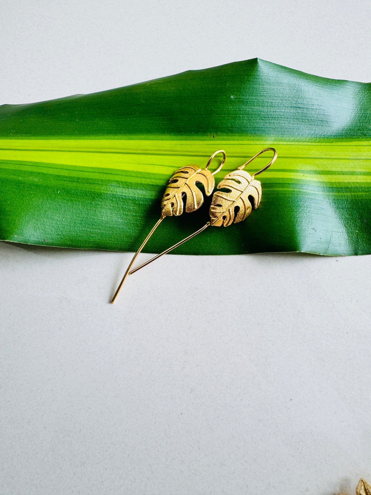 Lightweight Brass Pin Earrings | Gold Tone Onam Collection - Monstera