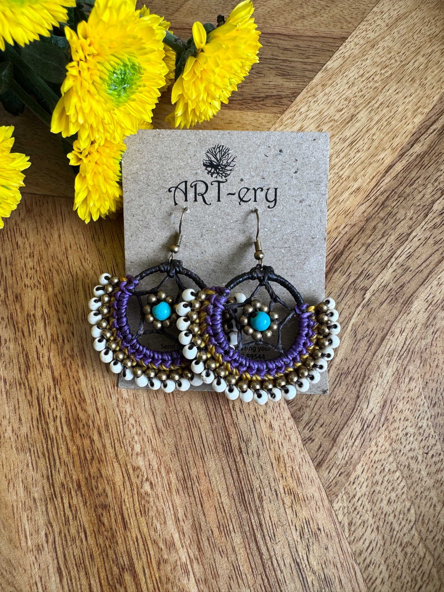 Crochet Thread & Bead Earrings - White lavender