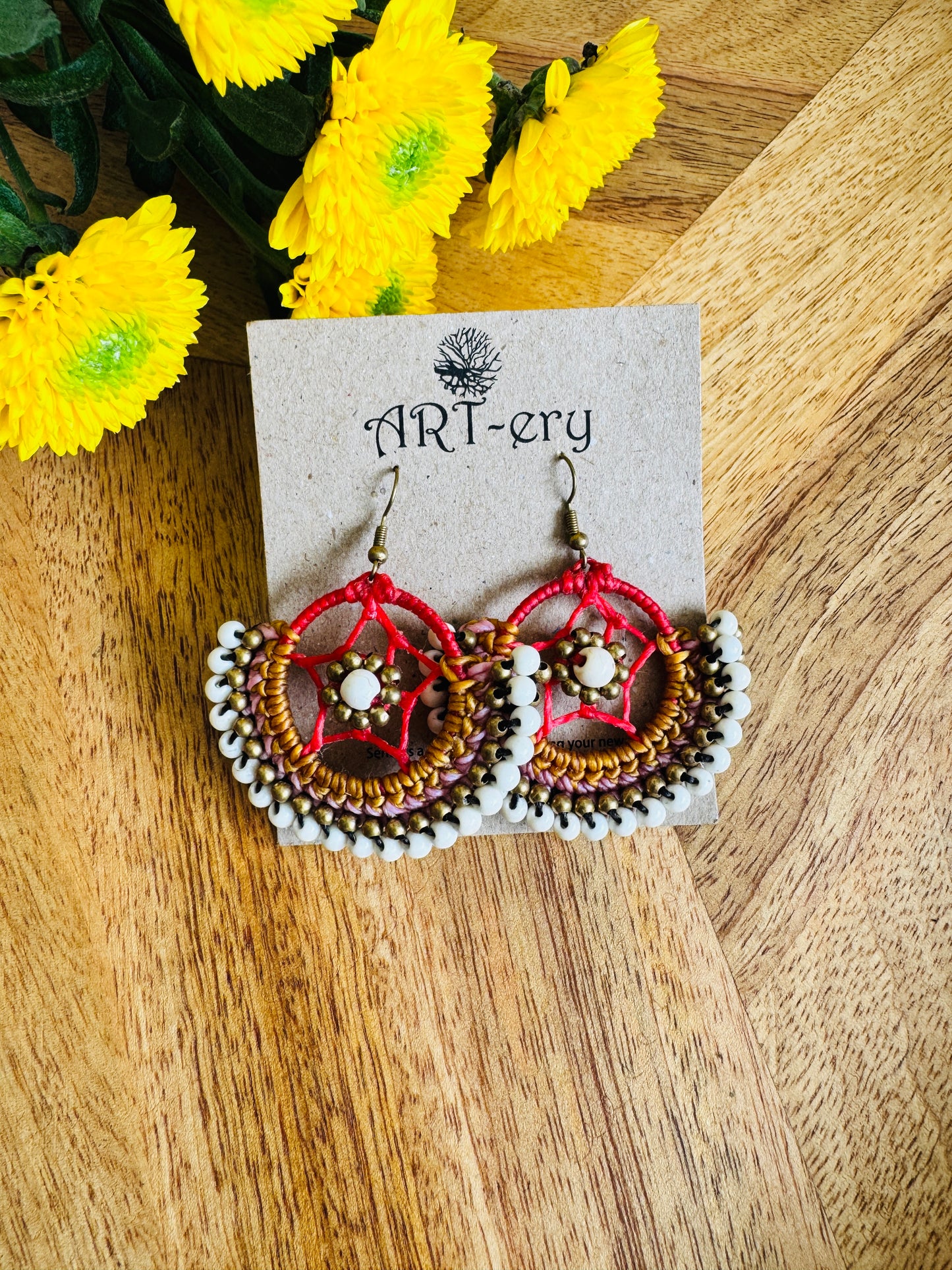 Crochet Thread & Bead Earrings - White