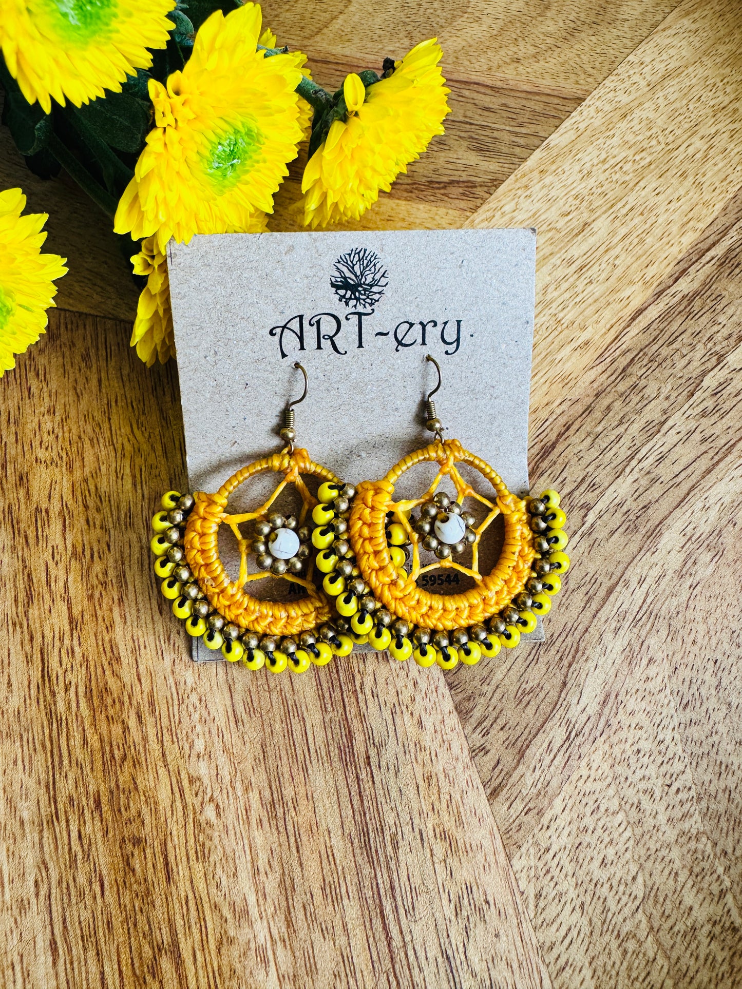 Crochet Thread & Bead Earrings - Bright yellow